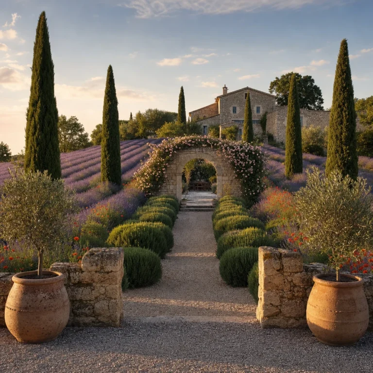 Provence garden landscape with cypress spires, rolling lavender rows, a gravel path through a sandstone arch draped in climbing roses, and a stone farmhouse in warm late afternoon light.