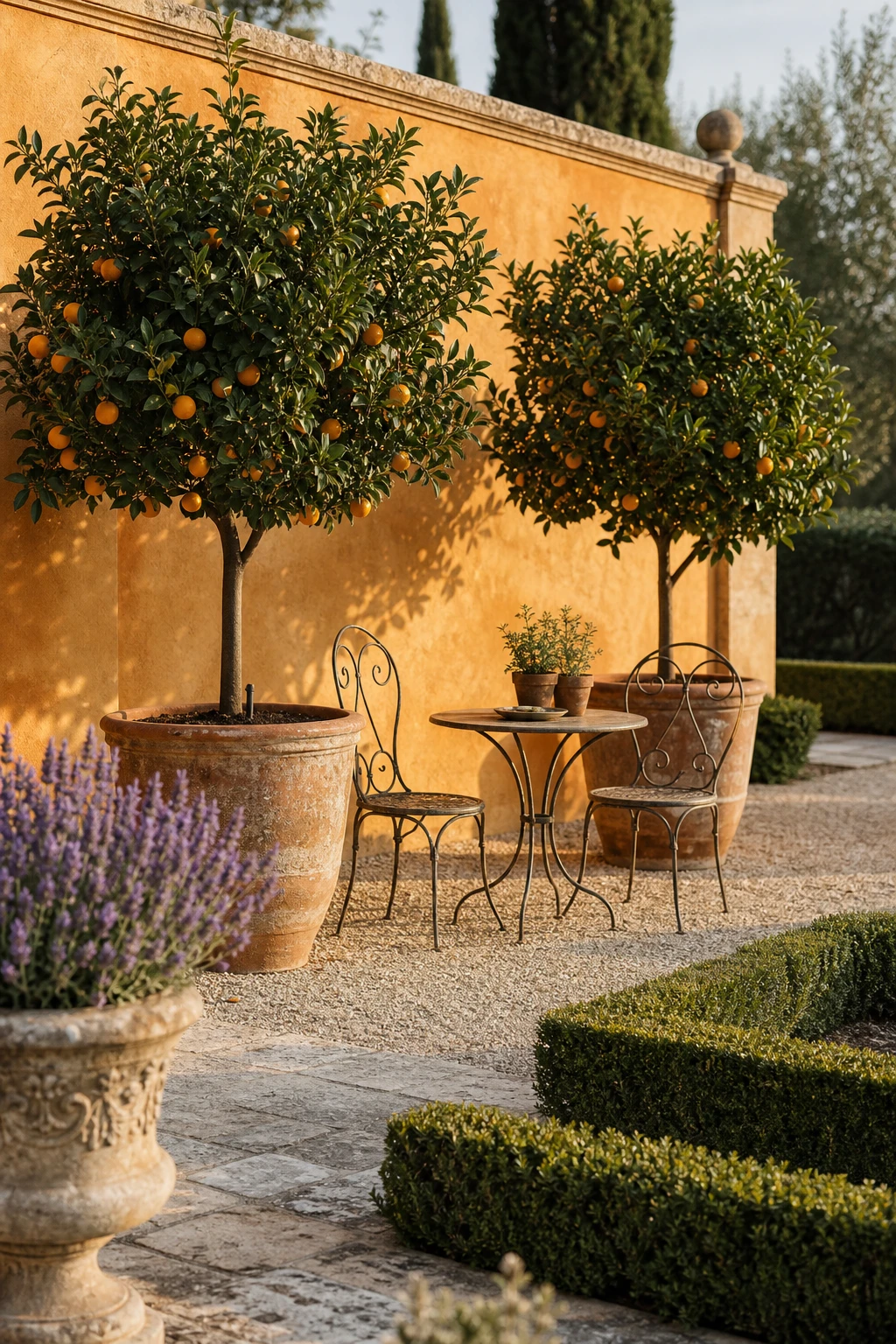 Provence garden landscape with container orange trees as the hero, terracotta pots on a gravel terrace, clipped topiary, wrought iron furniture, Farrow and Ball Orangery painted wall