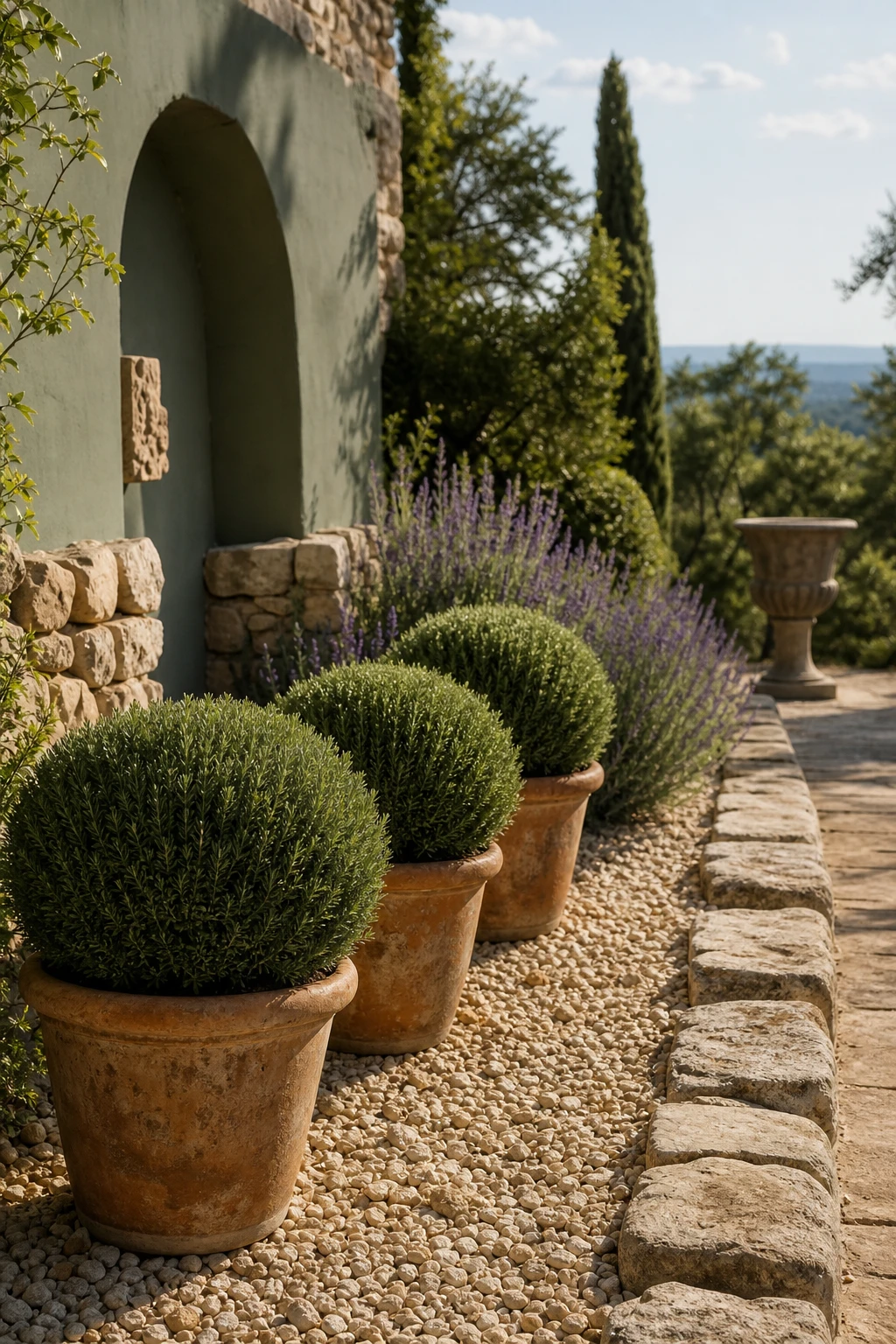 Provence garden landscape with rosemary clipped into topiary balls lining a gravel path, terracotta pots, stone edging, and a Farrow & Ball Ball Green painted garden wall