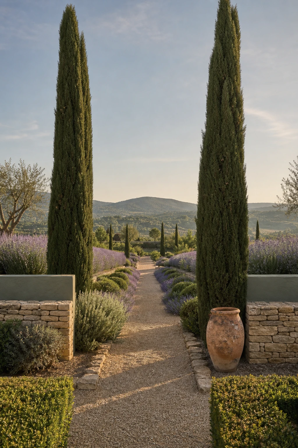 Provence garden landscape with tall vertical cypress pairs flanking a stone path, surrounded by lavender rows and a Farrow and Ball Bancha painted garden wall