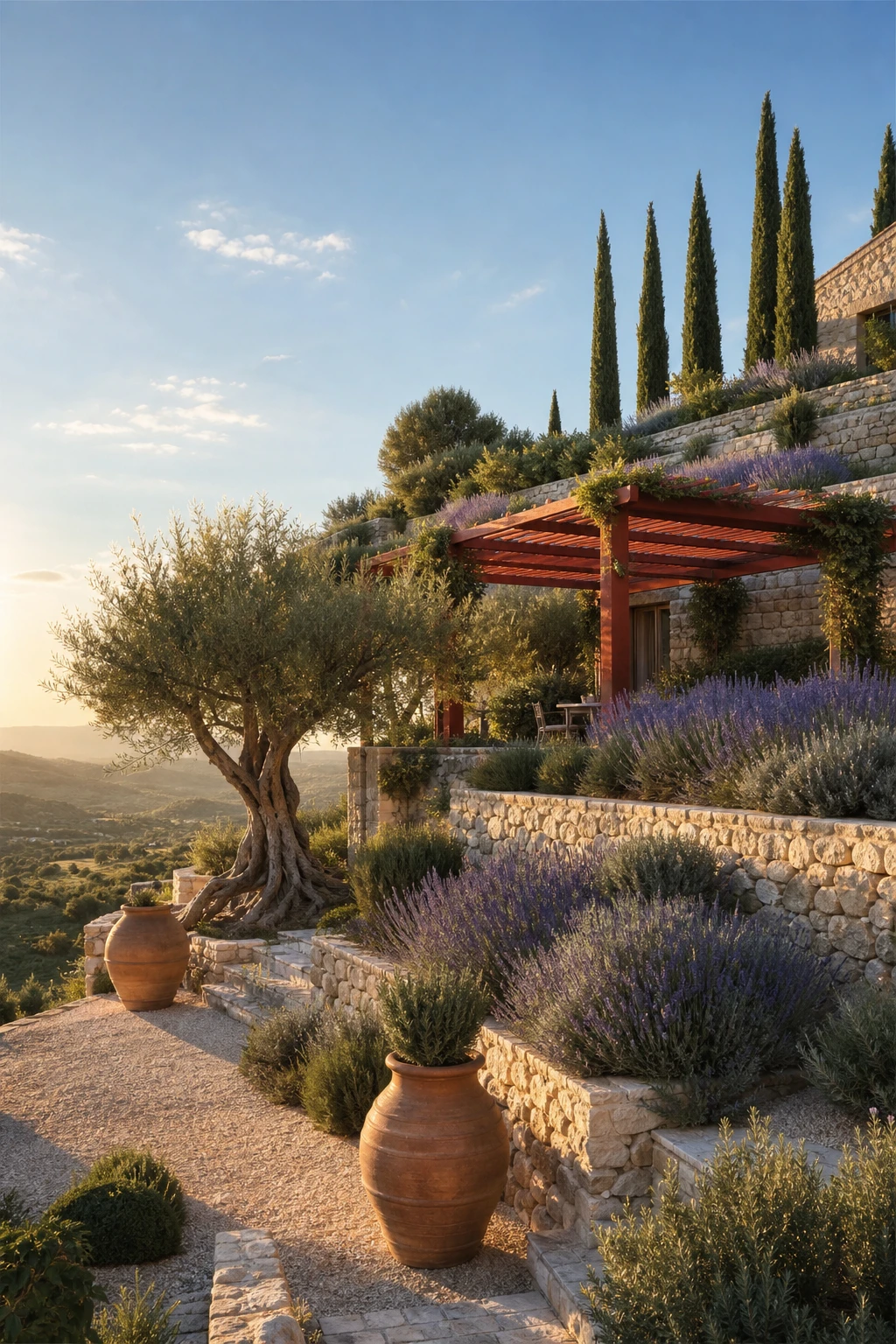Provence garden landscape with Tuscany inspired terraces on a sun drenched slope, stone retaining walls, cypress trees, lavender rows and Farrow & Ball Red Earth painted pergola