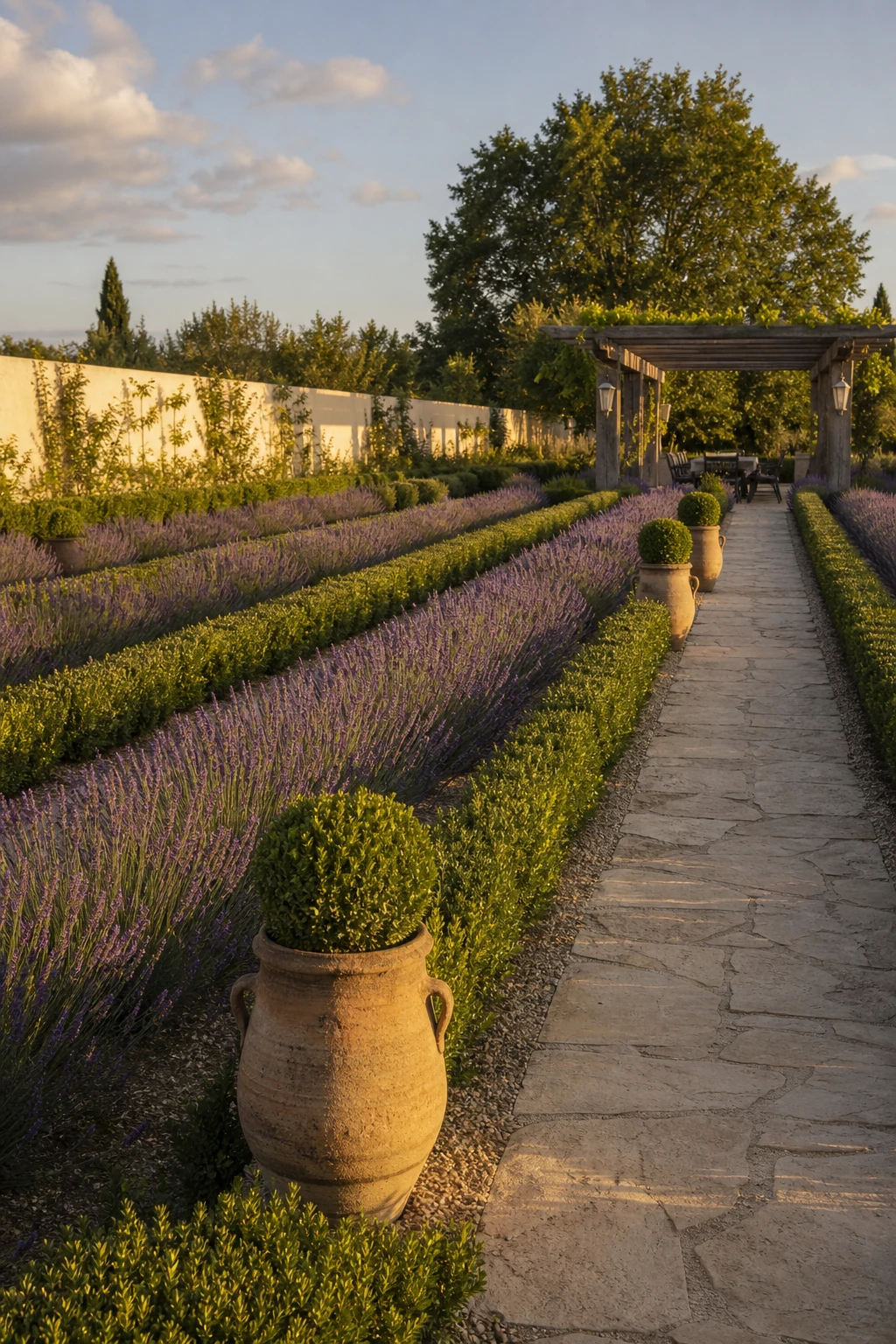 Provence garden landscape with vineyard row inspired layout, low trained plants in graphic parallel rows, stone path, timber pergola, soft afternoon light