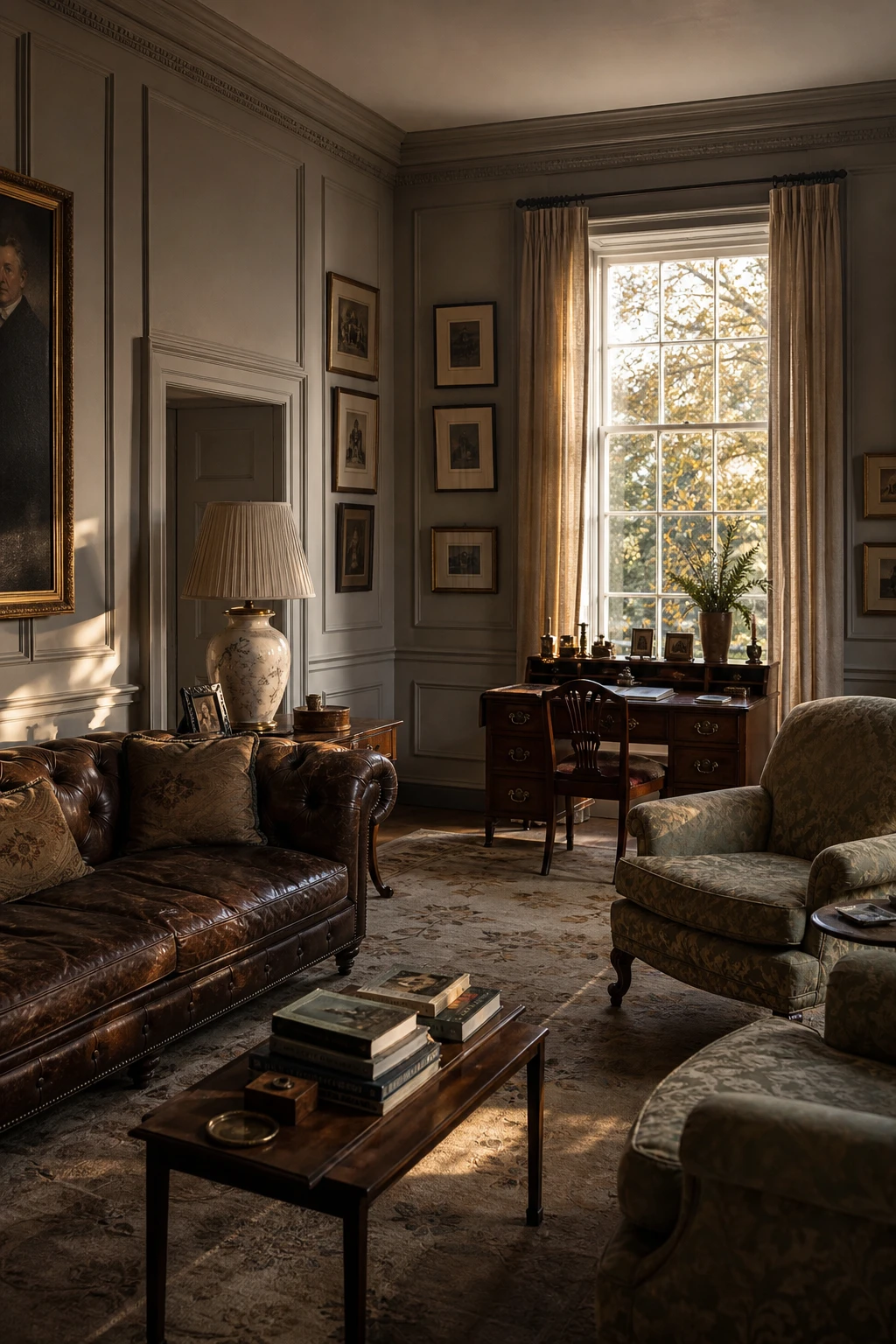 Refined English drawing room with Old English Color Palette expressed through Old Money Restraint, warm greige walls, antique furniture and layered textiles in muted tones