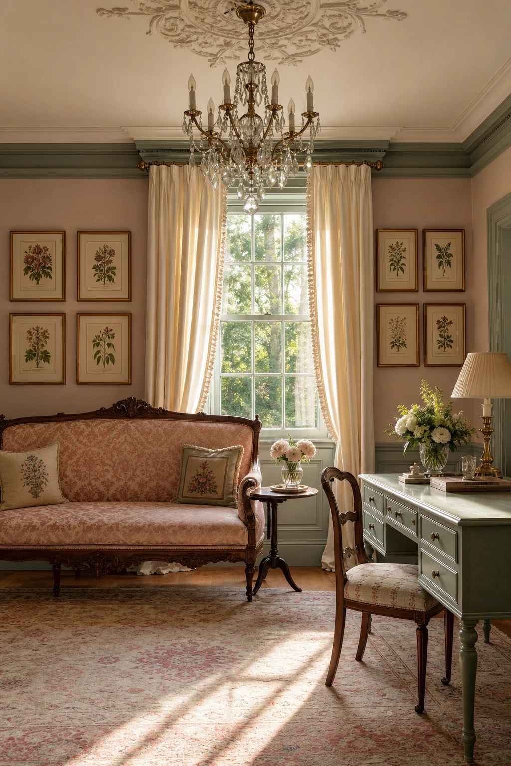 Regency style sitting room with blush walls, cream drapes, and sage accents evoking a Pride and Prejudice Old English color palette