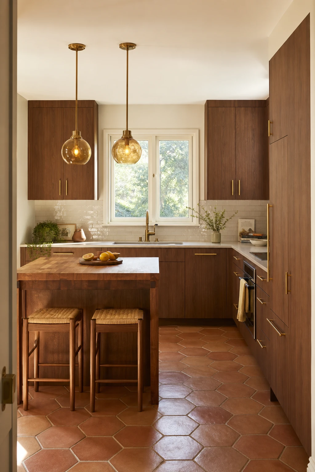 Remodeled small 70s kitchen with warm neutral walls, wood cabinets, terracotta floor tiles, vintage pendant lights and updated appliances