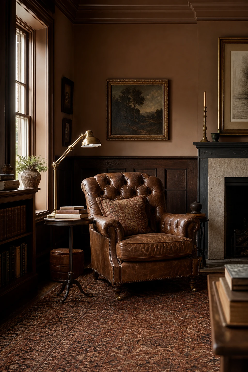 Richly layered English study with Farrow and Ball Tanners Brown walls, aged leather armchair, dark oak panelling, brass reading lamp and herringbone floor