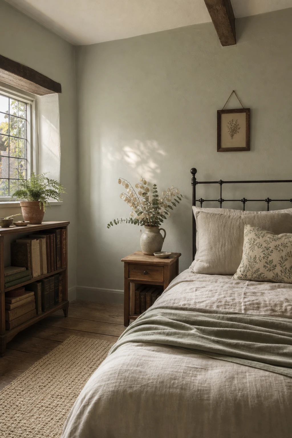 Sage green cottage bedroom with soft botanical mood, linen bedding, wooden furniture, dried flower bundles and warm morning light on Farrow and Ball Mizzle walls
