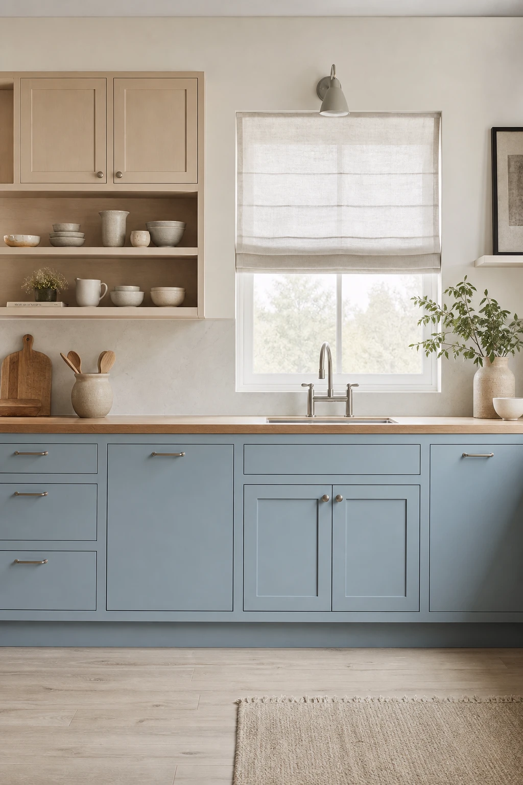 Scandinavian blue and beige kitchen cabinets with clean lines, open shelving, light wood countertops, and matte hardware in soft natural light