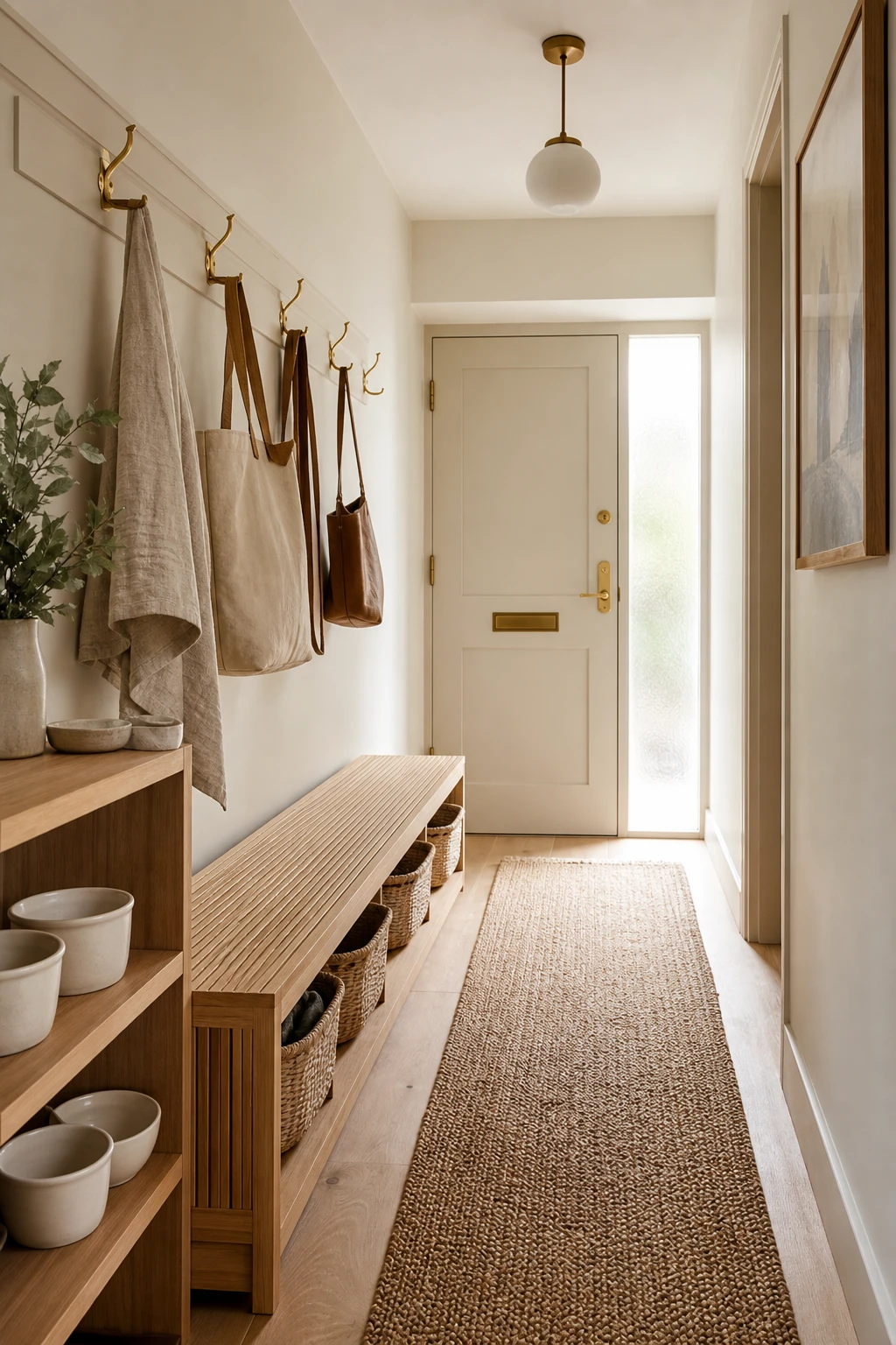 Scandinavian narrow hallway mudroom with wall hooks, bench storage, and basket bins lit by soft morning light painted in Farrow & Ball Joas White