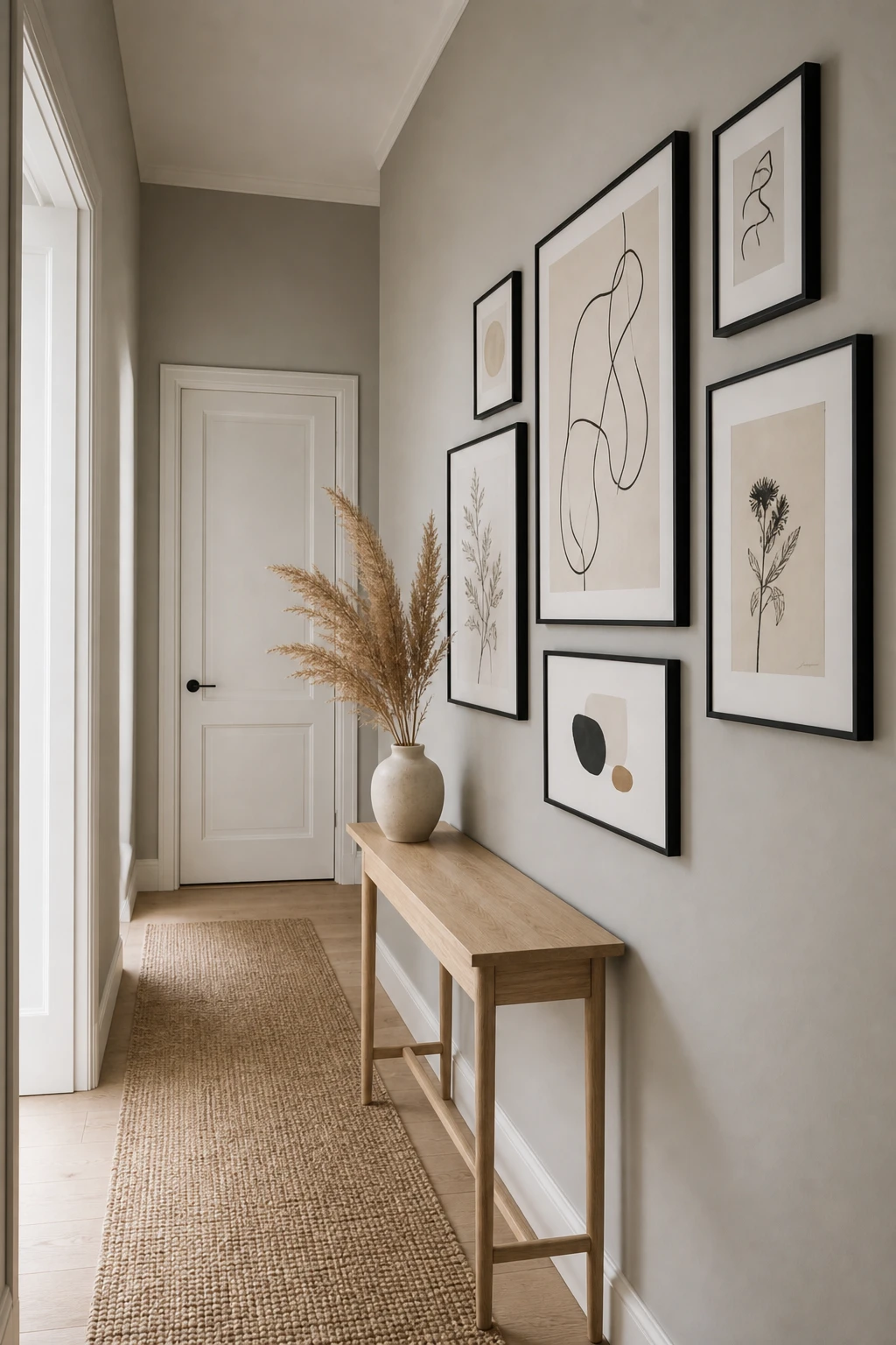 Scandinavian small hallway with a curated gallery wall of framed art at eye level, pale grey walls, light oak flooring and simple black frames