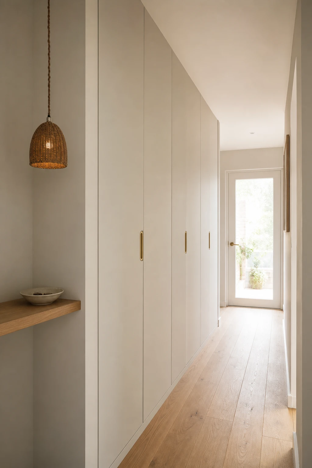 Scandinavian small hallway with a flush built in wardrobe as the hero, painted Shaded White, with oak flooring and minimal pendant light