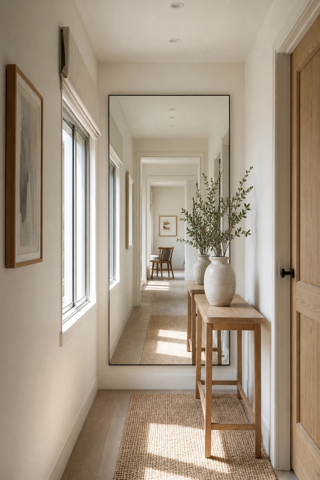 Scandinavian small hallway with a large entryway mirror reflecting window light, pale Great White walls, slim console table, and natural oak flooring