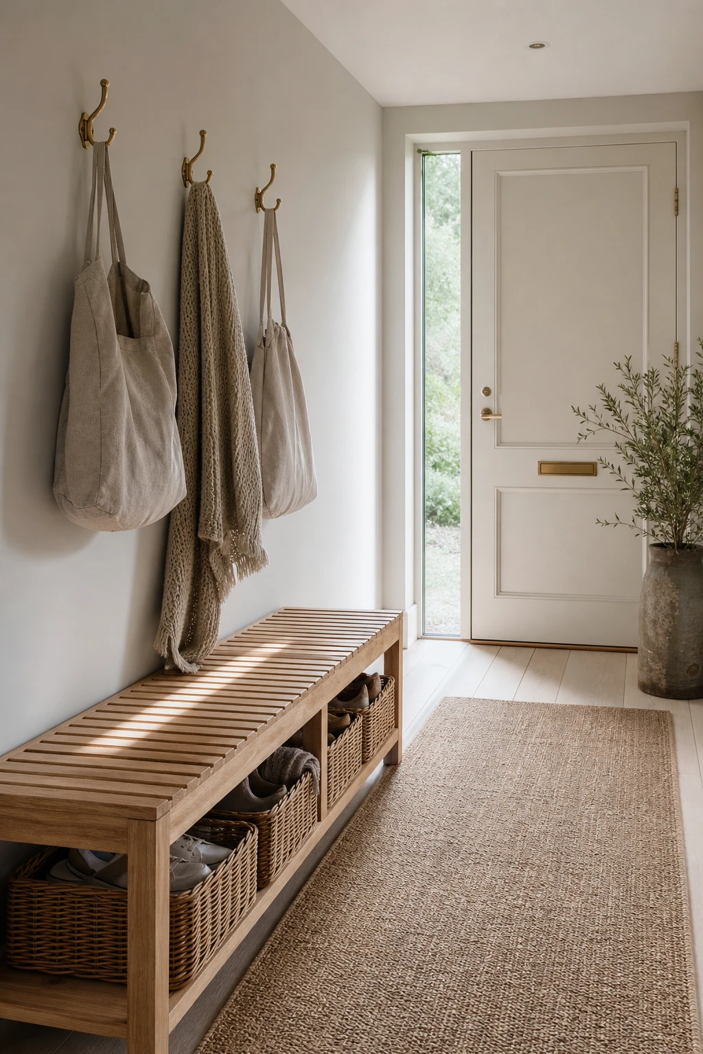 Scandinavian small hallway with a slatted wooden bench and woven baskets underneath, painted in Farrow and Ball Bone, natural light from a side window