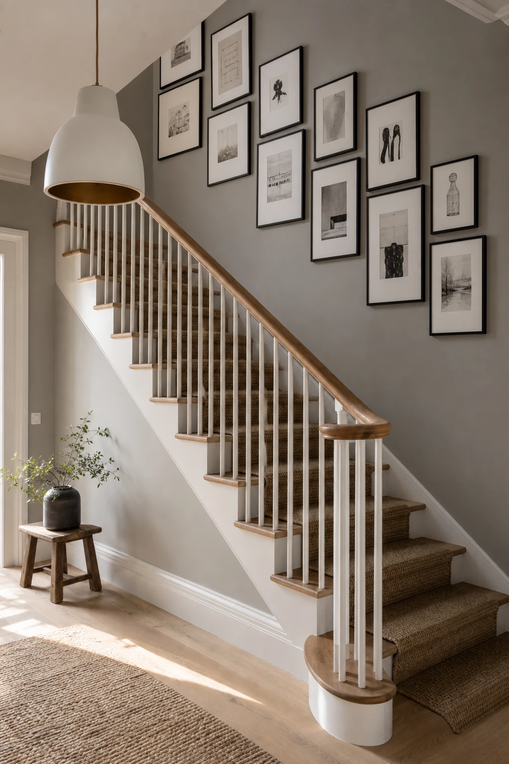 Scandinavian small hallway with a styled staircase as the focal point, gallery wall alongside treads, pale grey walls and natural wood details