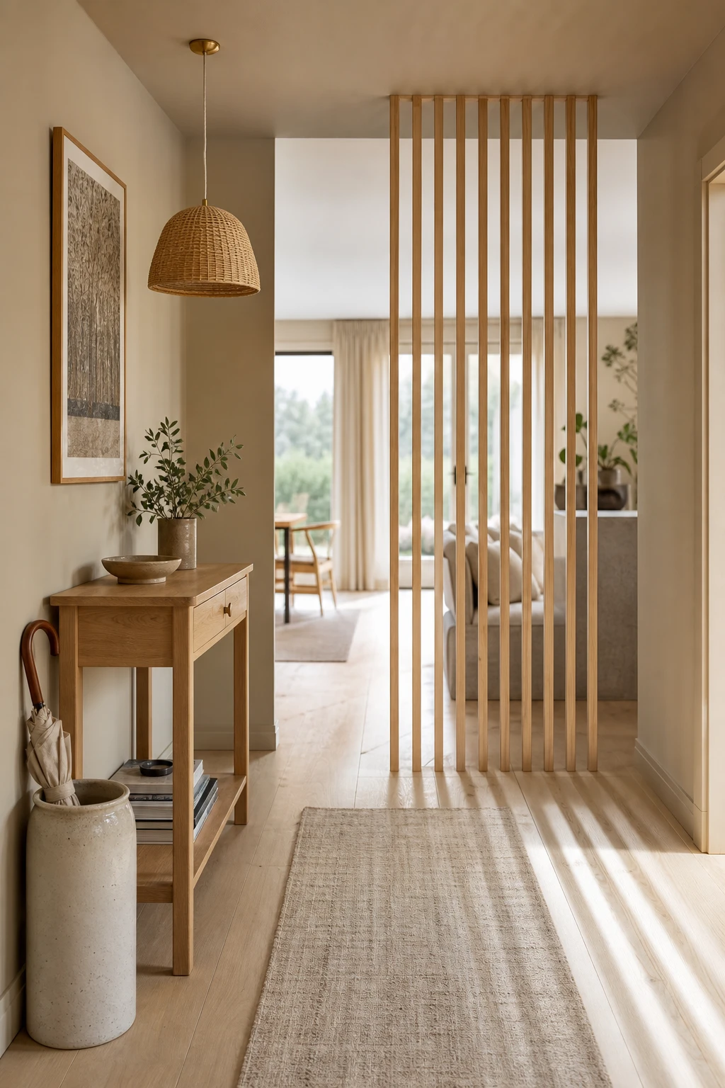 Scandinavian small hallway with a vertical wood slat divider as the hero feature, warm neutral walls, slim console table, and rattan pendant light