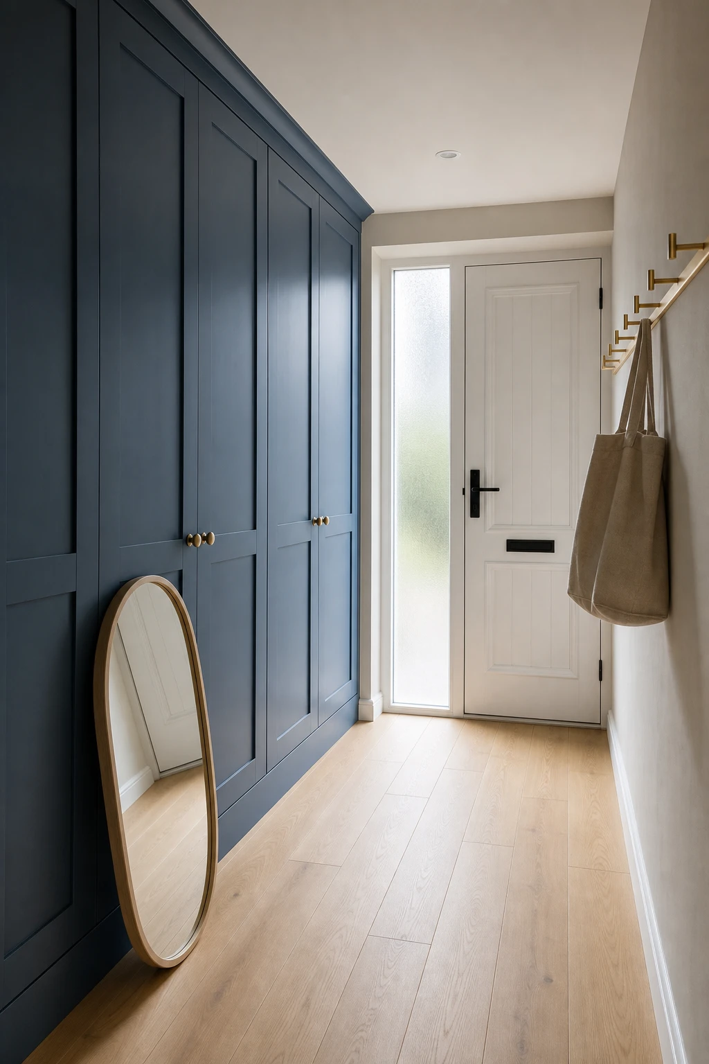 Scandinavian small hallway with blue painted storage cabinets as the focal point, white walls, light oak floor, and minimal brass hooks