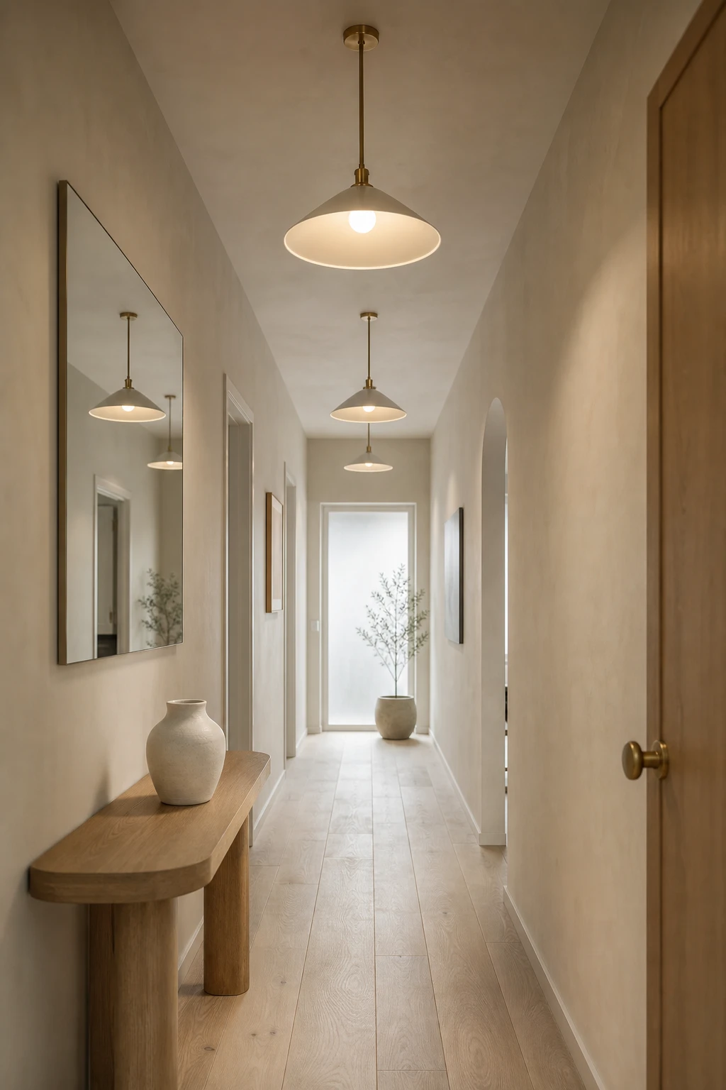 Scandinavian small hallway with evenly spaced pendant lights illuminating a long narrow corridor painted in warm neutral tones, early morning light