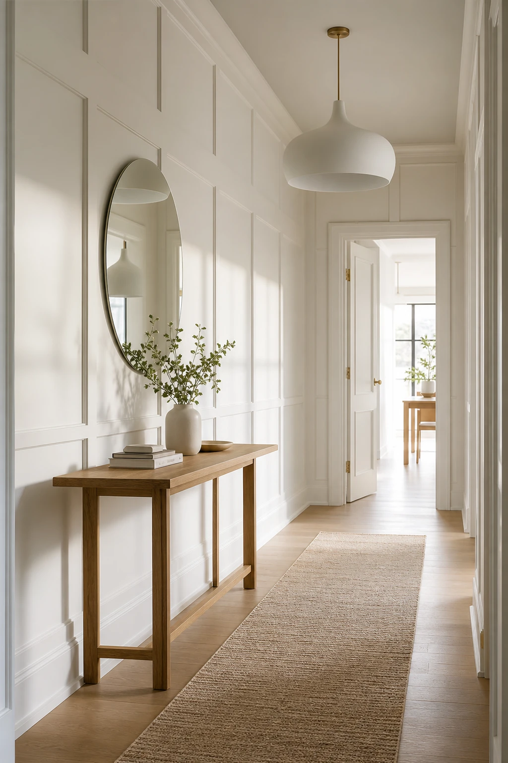Scandinavian small hallway with modern geometric wall panelling painted Cornforth White, slim console table, statement pendant light and light oak flooring