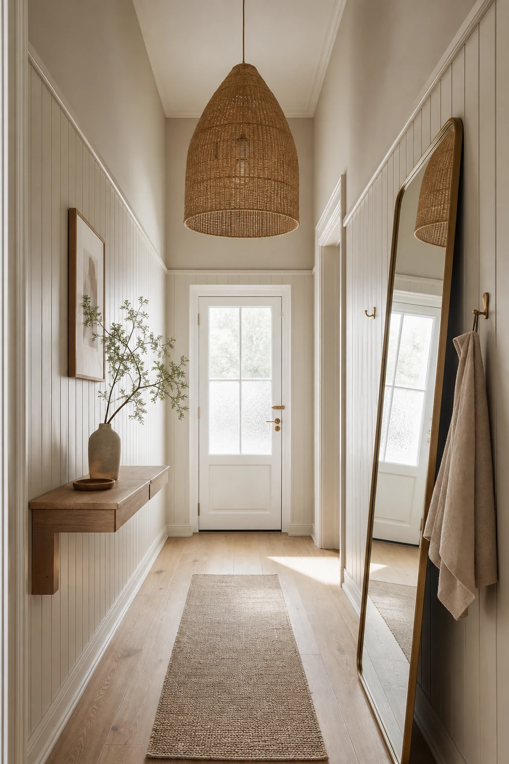 Scandinavian small hallway with narrow layout, vertical shiplap walls in warm neutral paint, pale oak flooring, slim console table and tall mirror