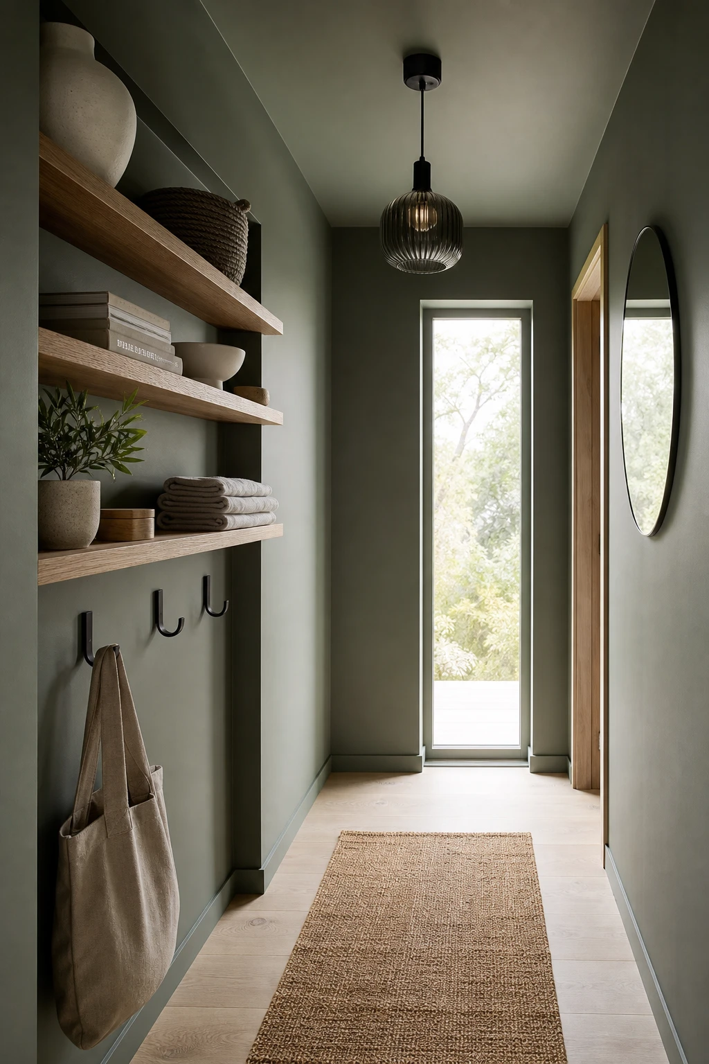 Scandinavian small hallway with rich green walls and open wooden shelves styled with ceramics, hooks, and natural light from a narrow window