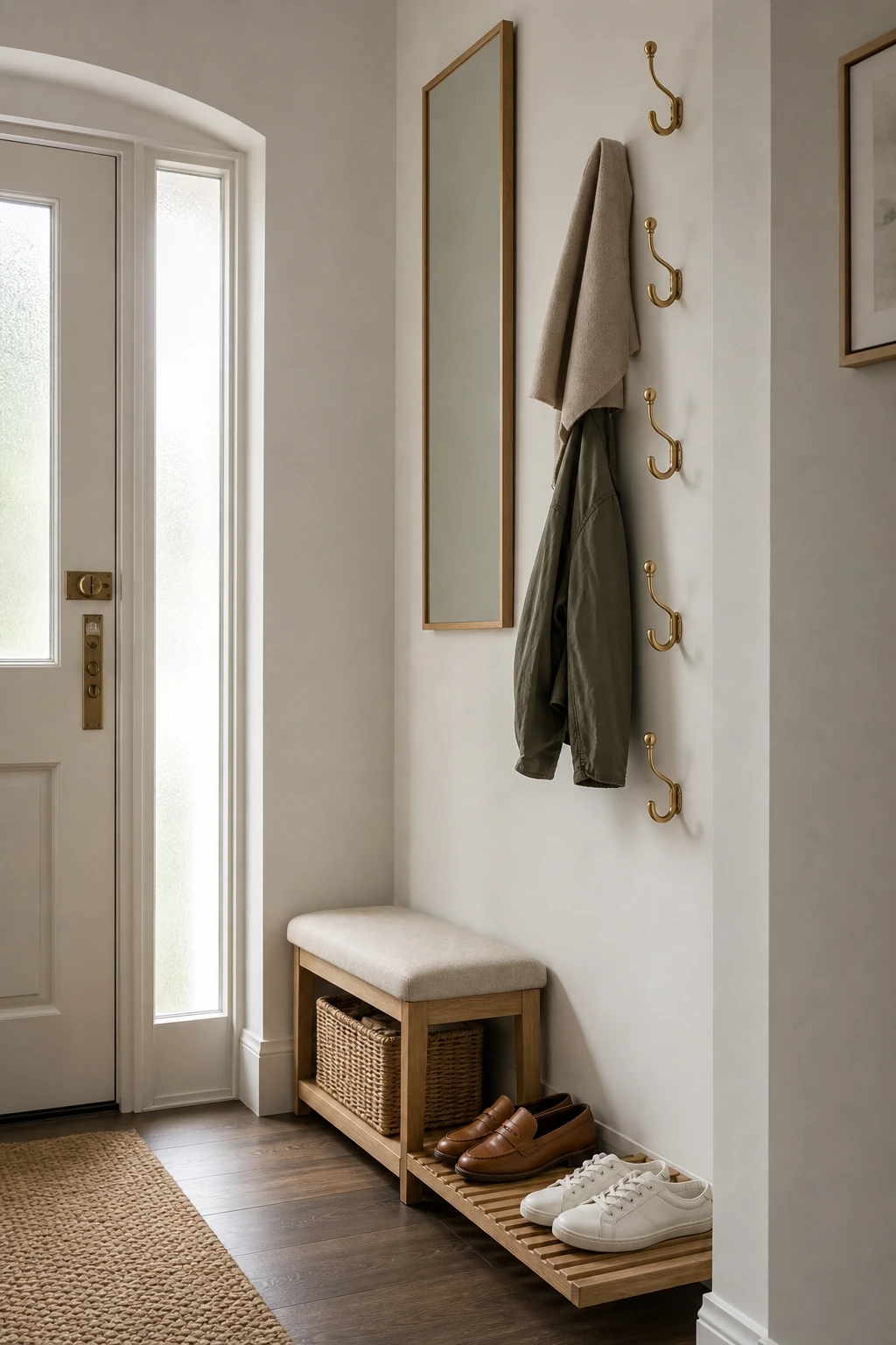 Scandinavian small hallway with vertical coat hooks above a low shoe tray, white walls, pale timber floor and a slim bench seat