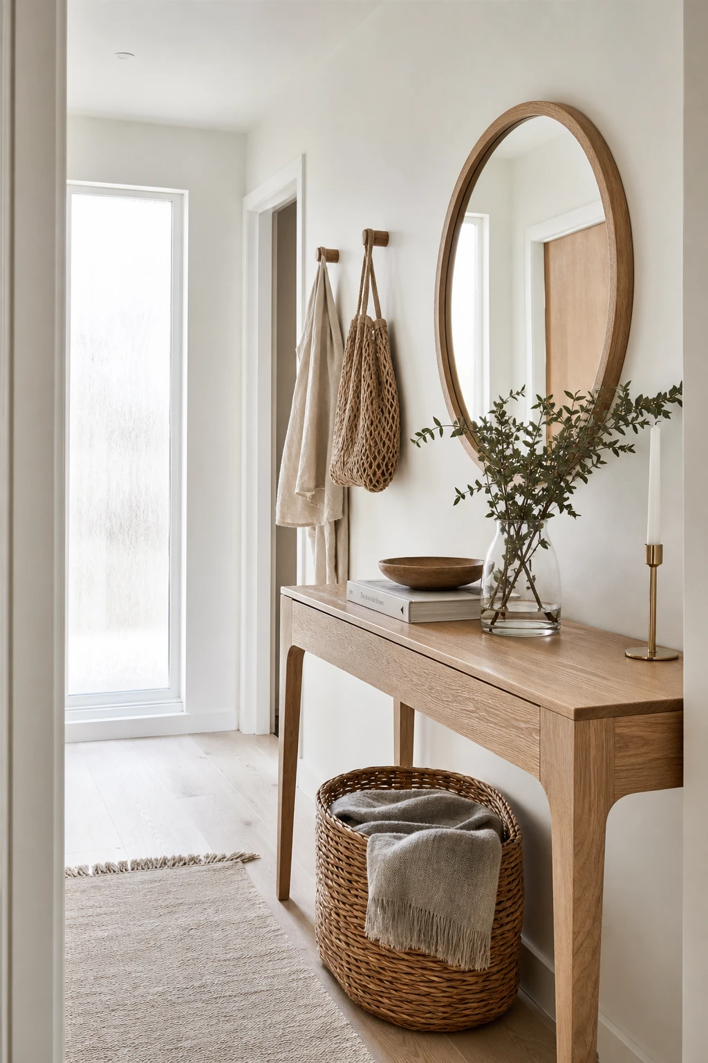 Scandinavian small hallway with white walls and warm oak flooring, slim oak console table, round mirror, woven basket and muted linen coat hooks