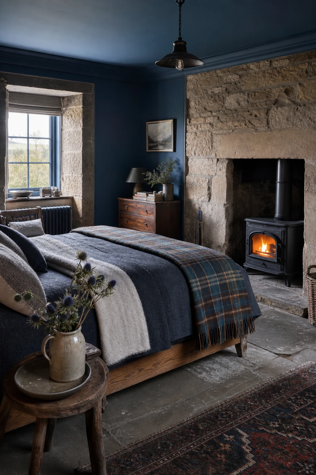 Scottish Highland style English country bedroom with heathery blue walls, stone textures, wool throws and tartan accents in soft northern light