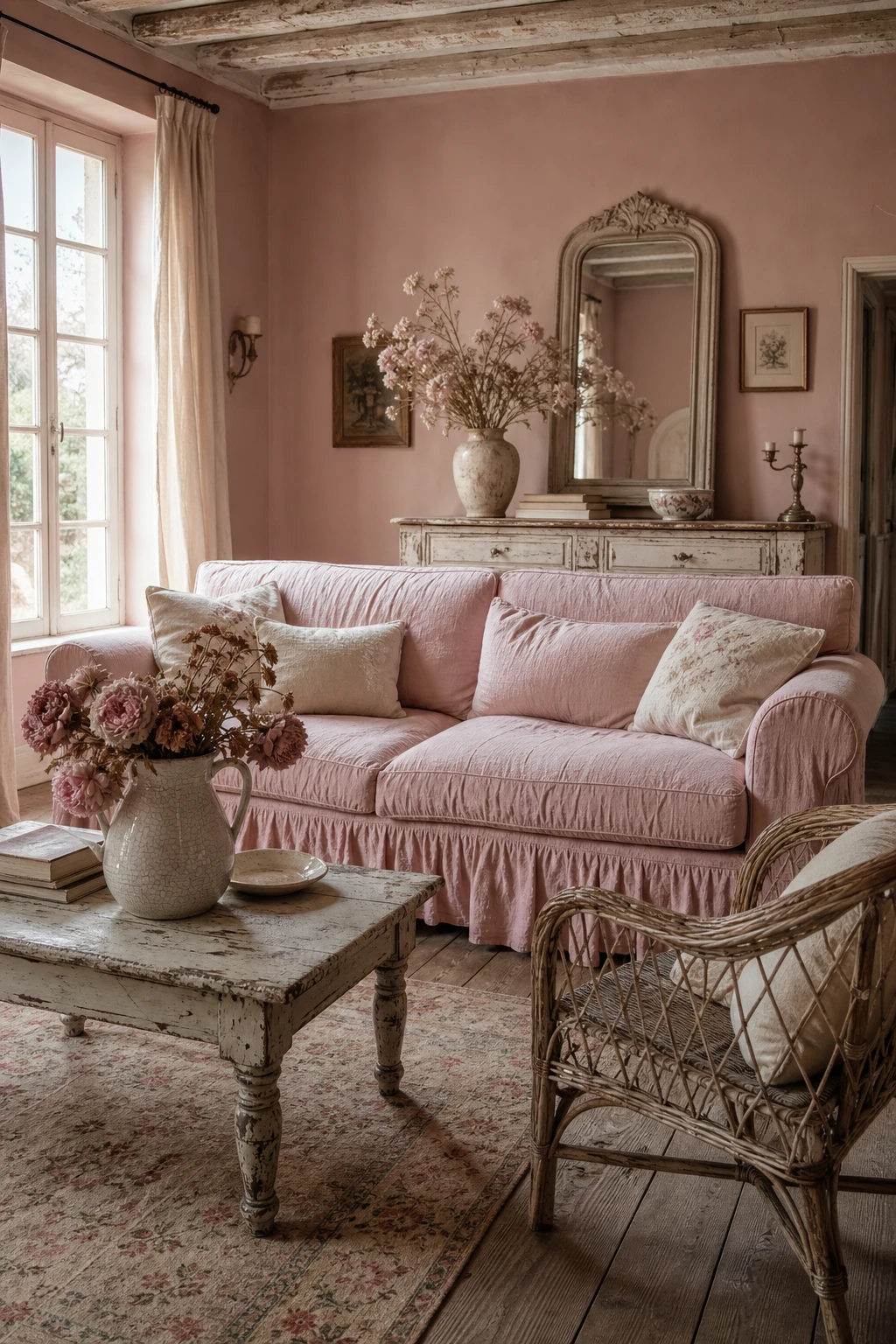 Shabby chic pink slipcovered sofa in a French country living room with distressed furniture, linen cushions, and soft natural light