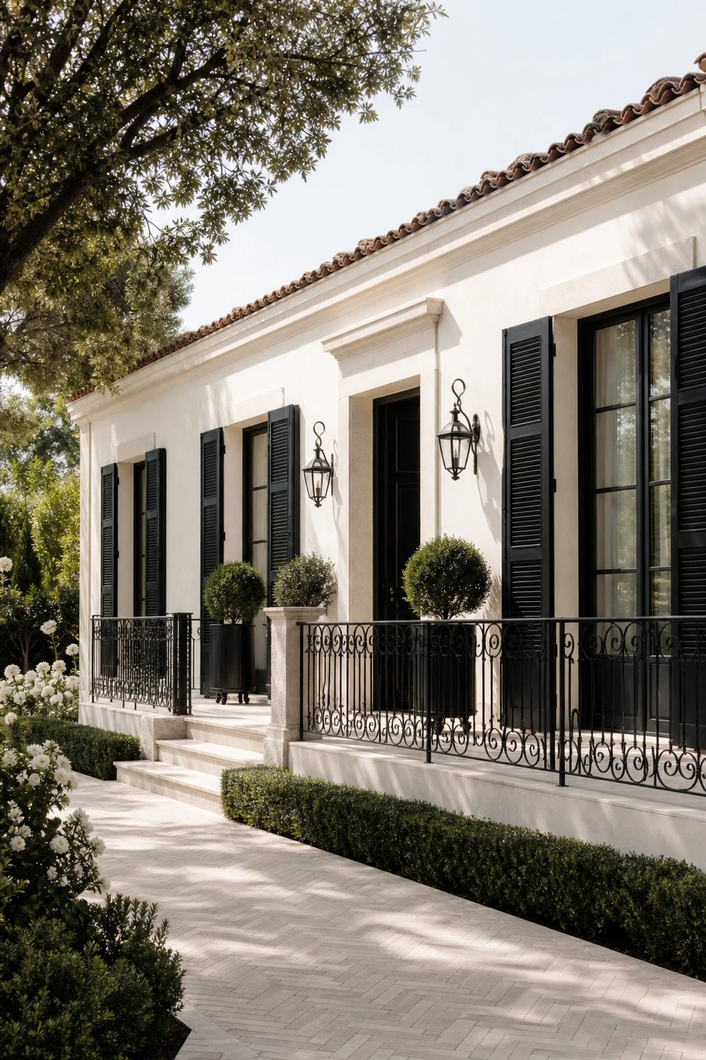 Single storey ranch exterior painted Farrow and Ball Clunch with tall shutters, iron balustrades, creamy stone detailing and black windows in a Parisian influenced composition
