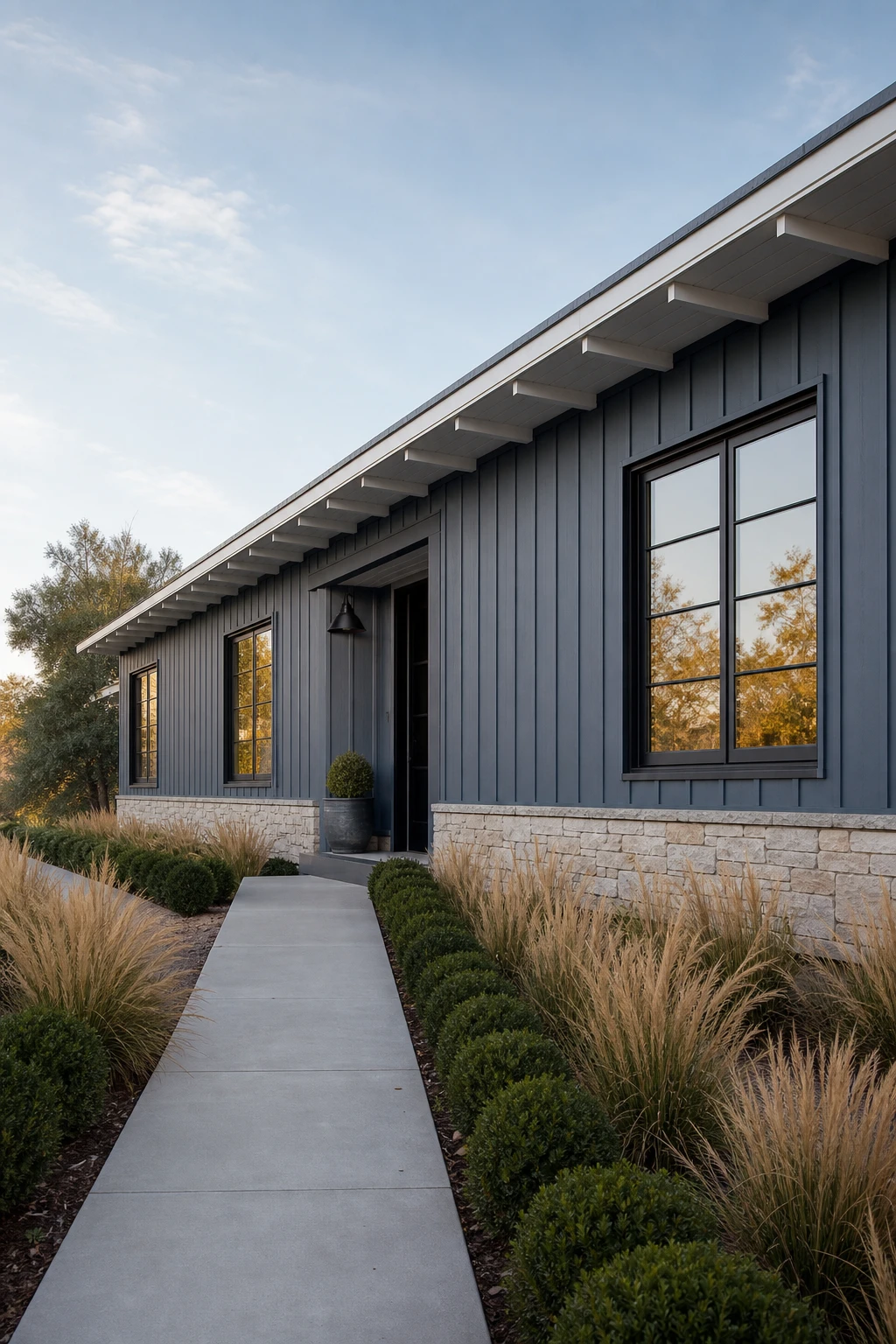 Slate blue painted Ranch exterior with Farrow and Ball Inchyra Blue walls, white trim, black window frames, stone foundation and mature landscaping in soft morning light