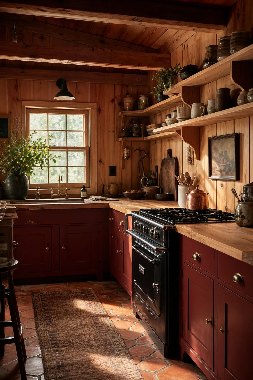 Small 70s cabin kitchen remodel with knotty pine walls, open shelving, earthy red cabinetry and warm natural light through a small window