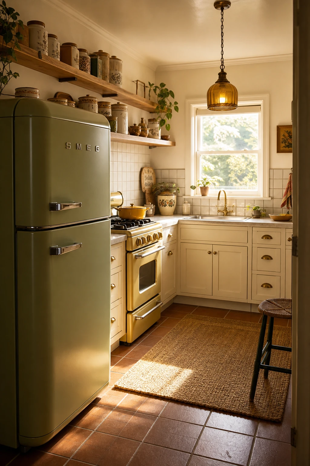 Small 70s kitchen remodel featuring retro coloured appliances as the hero, with warm cream walls, open shelving, terracotta floor tiles, and vintage hardware details