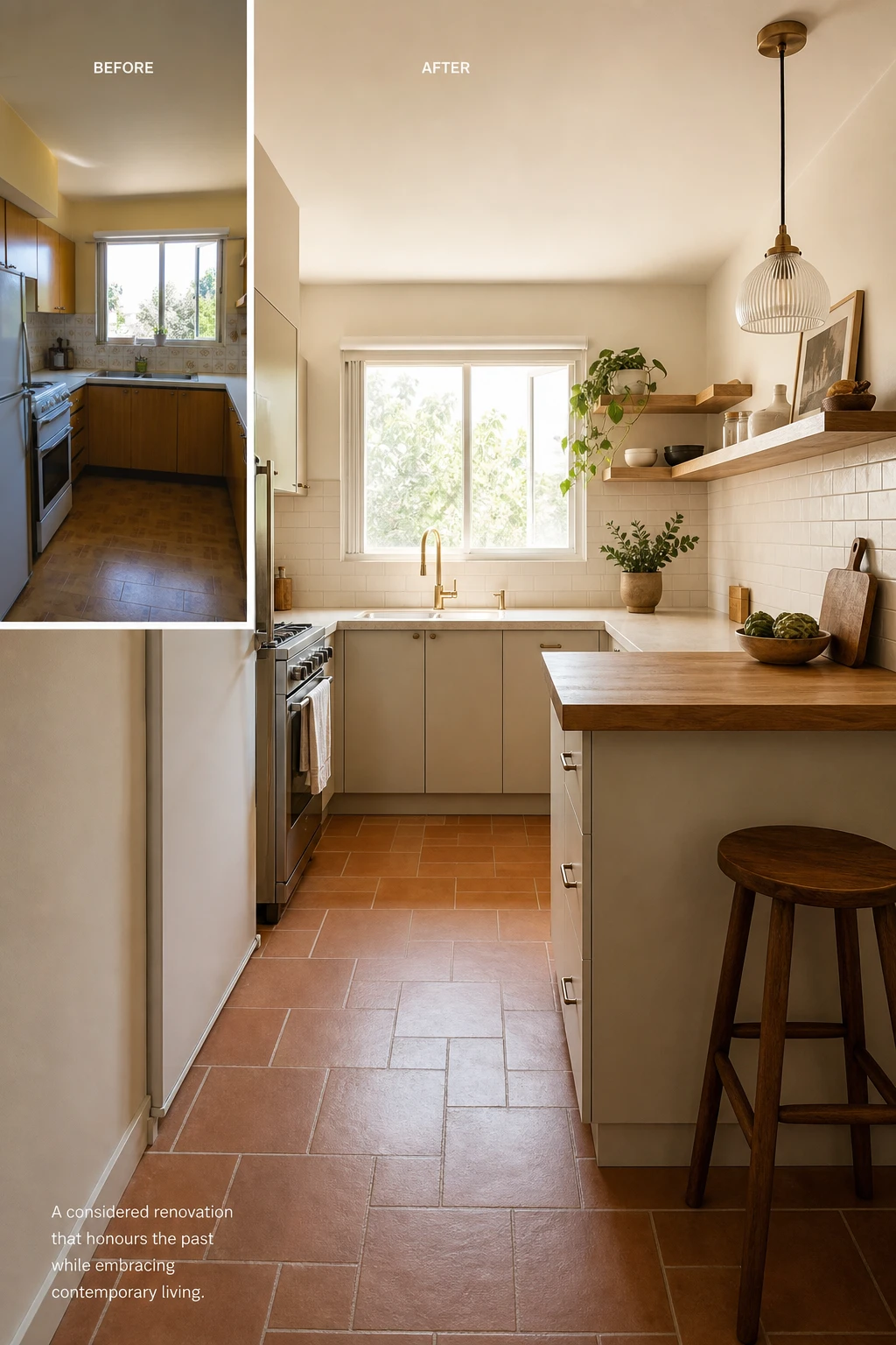 Small 70s kitchen remodel full transformation showing warm neutral cabinets, updated tile, open shelving and natural light in a compact retro inspired space