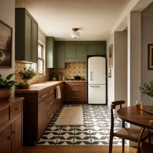 Small 70s kitchen remodel with walnut lower cabinets, sage upper cabinets, butcher block countertops, patterned ceramic tile backsplash, black and white floor tile, and a retro cream refrigerator in warm morning light.