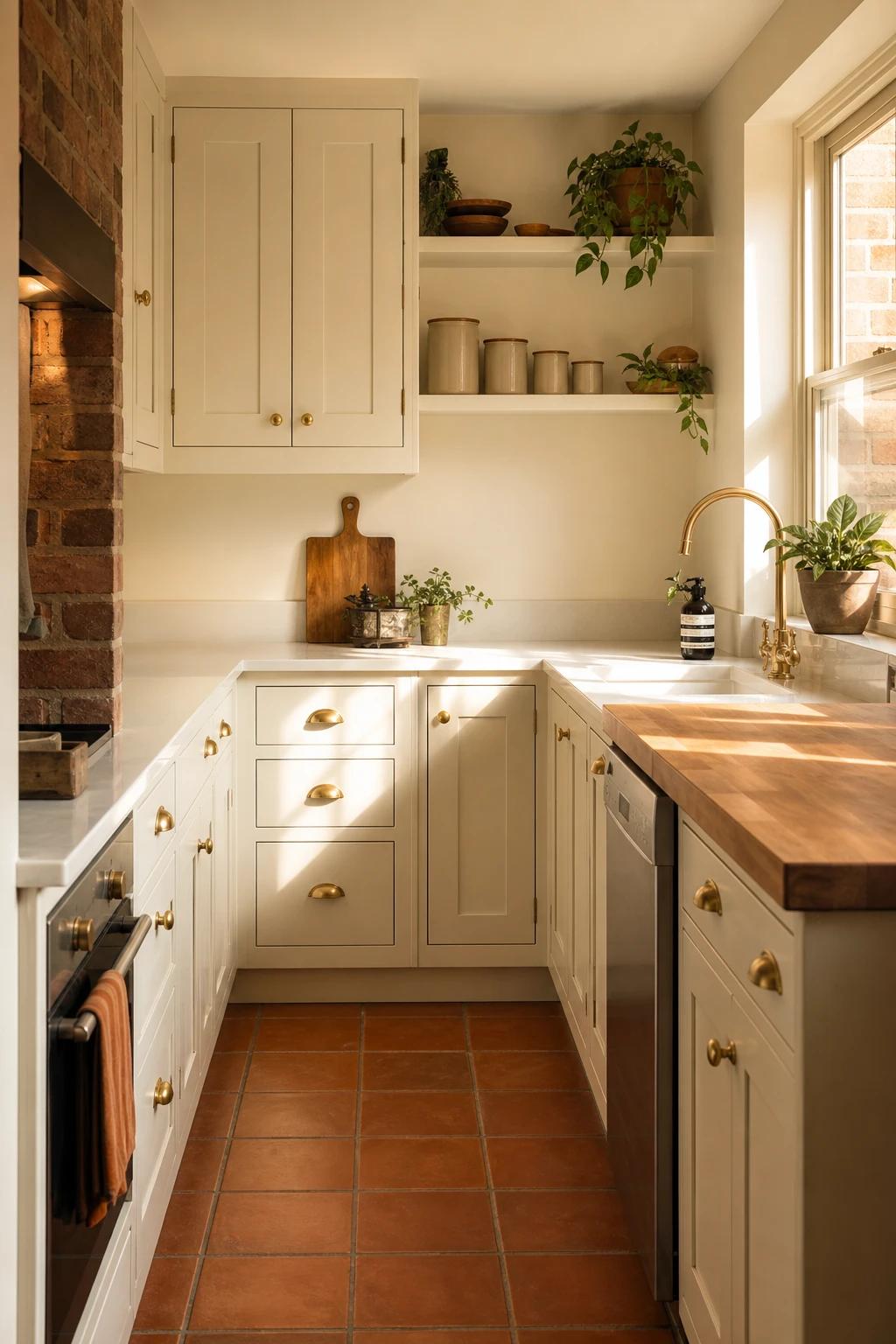 Small 70s kitchen remodel showing original wood cabinet boxes repainted in warm white with open shelving, terracotta tiles, and warm afternoon light
