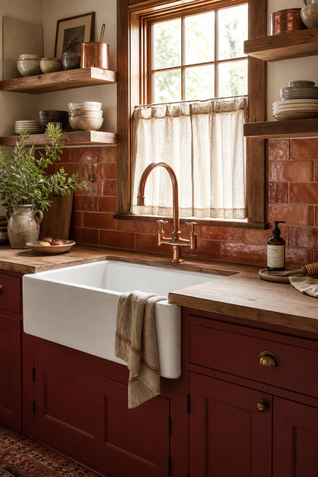 Small 70s kitchen remodel sink area with a copper faucet as hero, terracotta backsplash tiles, open shelving, and Farrow & Ball Fox Red cabinet paint