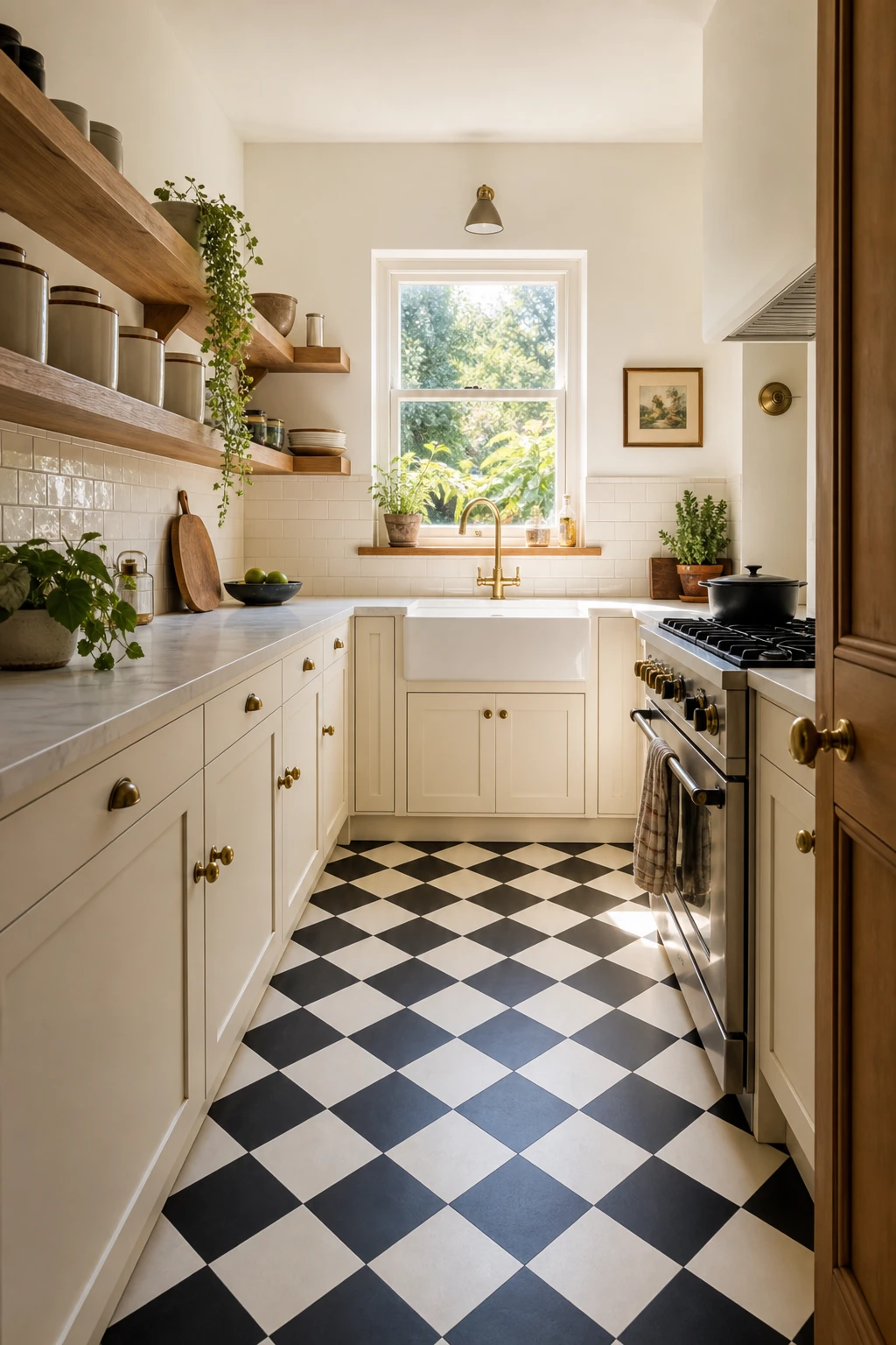 Small 70s kitchen remodel with a bold black and white checkerboard tile floor, cream flat front cabinets, open shelving, and Strong White painted walls