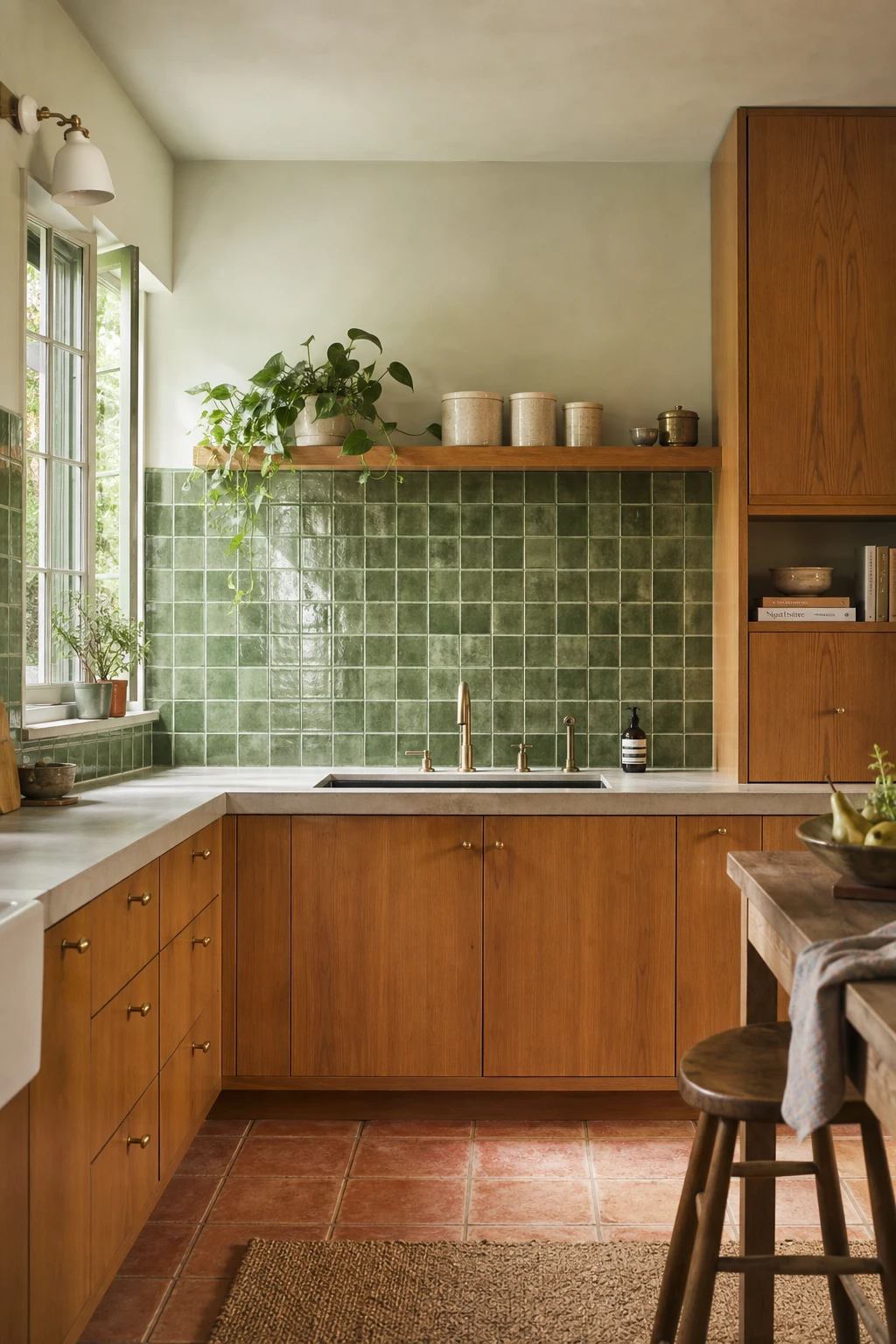 Small 70s kitchen remodel with a green tile backsplash as the hero, paired with warm wood cabinets, open shelving, and terracotta floor tiles