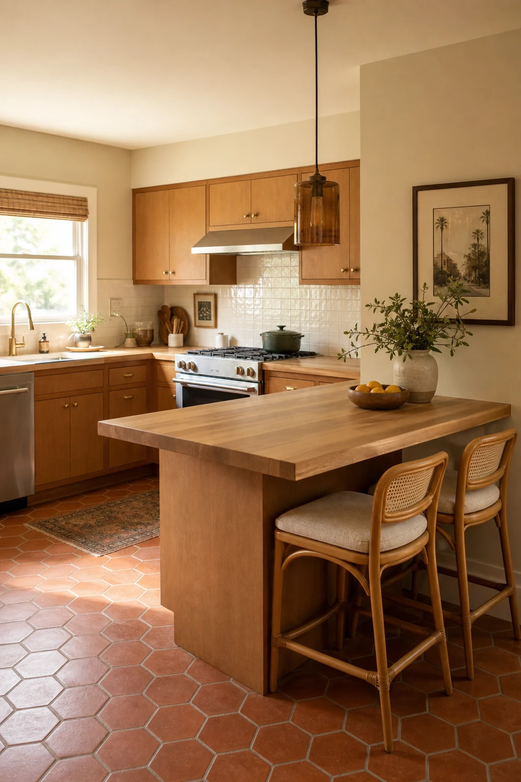 Small 70s kitchen remodel with a narrow peninsula as the hero, warm wood cabinetry, rattan stools, terracotta tile floor, and Farrow & Ball Buff painted walls