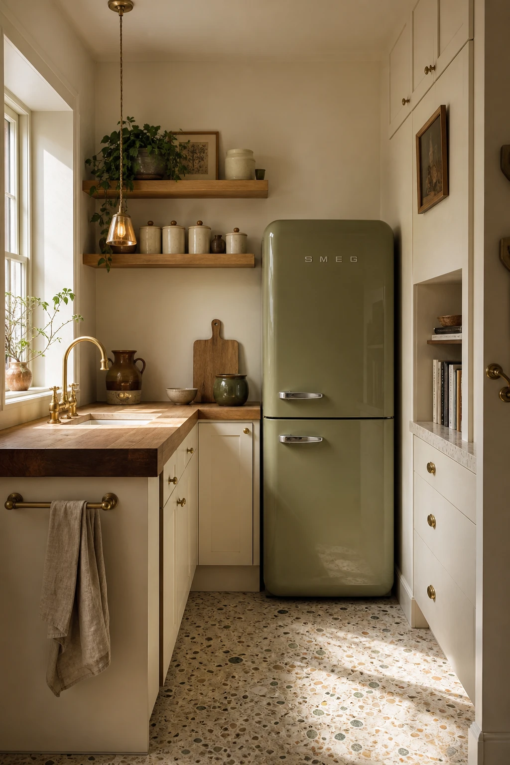 Small 70s kitchen remodel with a retro refrigerator as the hero, warm cream walls, open shelving, terrazzo floor and vintage brass hardware in natural morning light