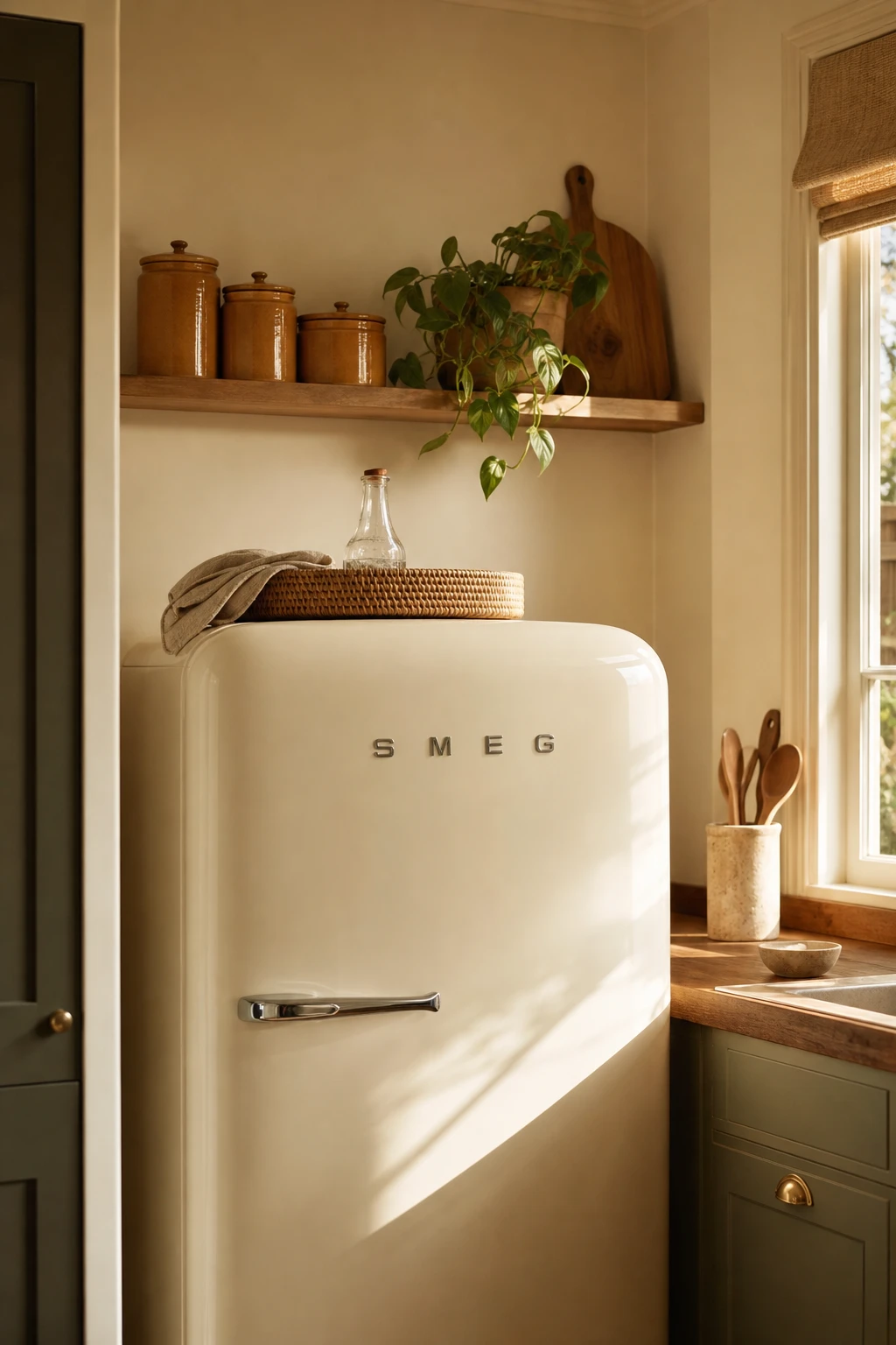Small 70s kitchen remodel with a rounded vintage fridge as the hero, styled with curated retro accessories on Farrow and Ball Cream painted walls