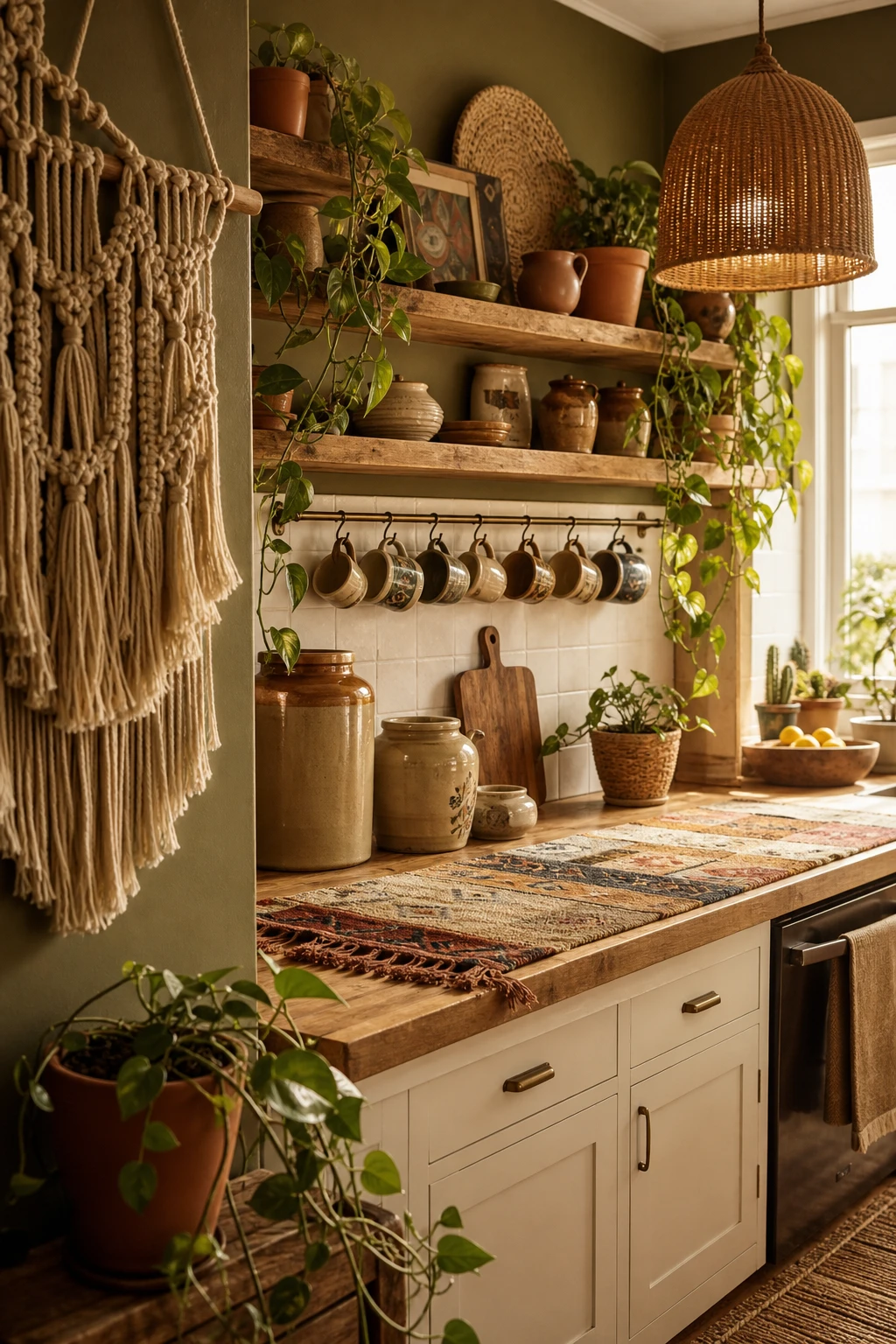Small 70s kitchen remodel with bohemian detail as hero, featuring layered textiles, hanging plants, earthenware, and Farrow & Ball Raw Tomatillo painted walls