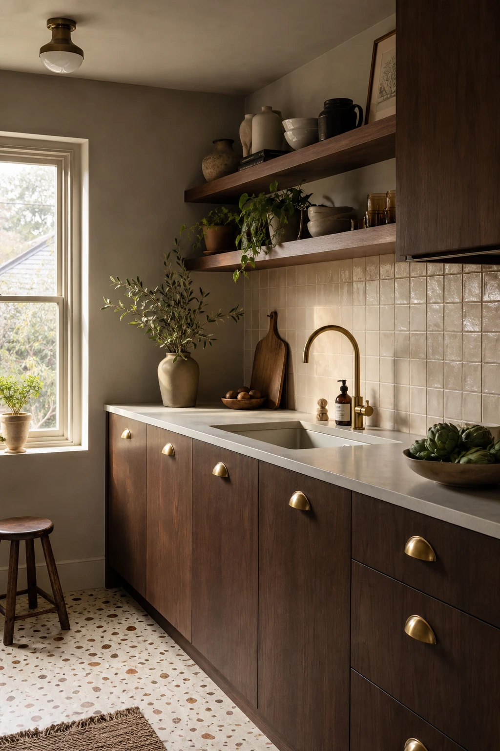 Small 70s kitchen remodel with brown cabinets as the hero, warm brass hardware, open shelving, terrazzo floor, and Farrow and Ball London Clay on the walls