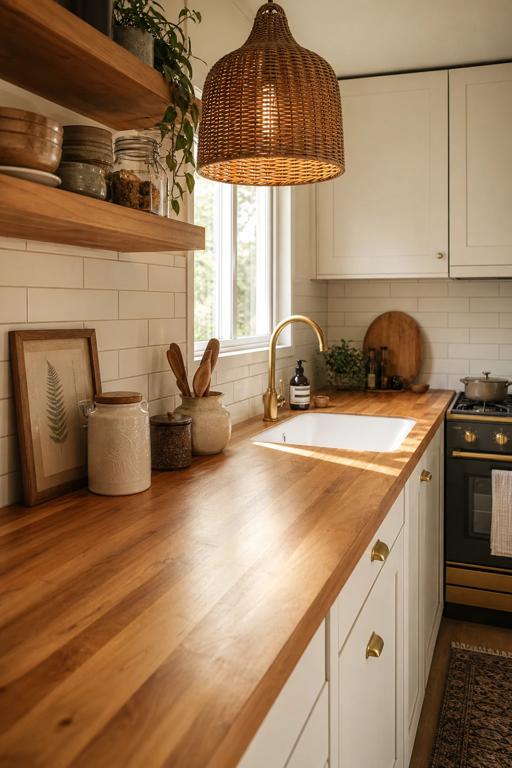 Small 70s kitchen remodel with butcher block counter as the hero, white cabinets, open shelving, ceramic tile backsplash and warm pendant lighting