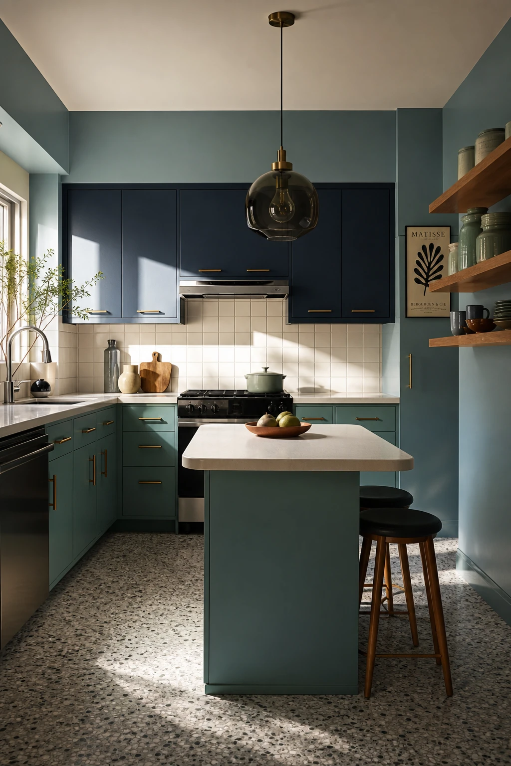 Small 70s kitchen remodel with cool MCM tones, teal lower cabinets, Oval Room Blue upper wall, terrazzo floor, and brass hardware in warm afternoon light