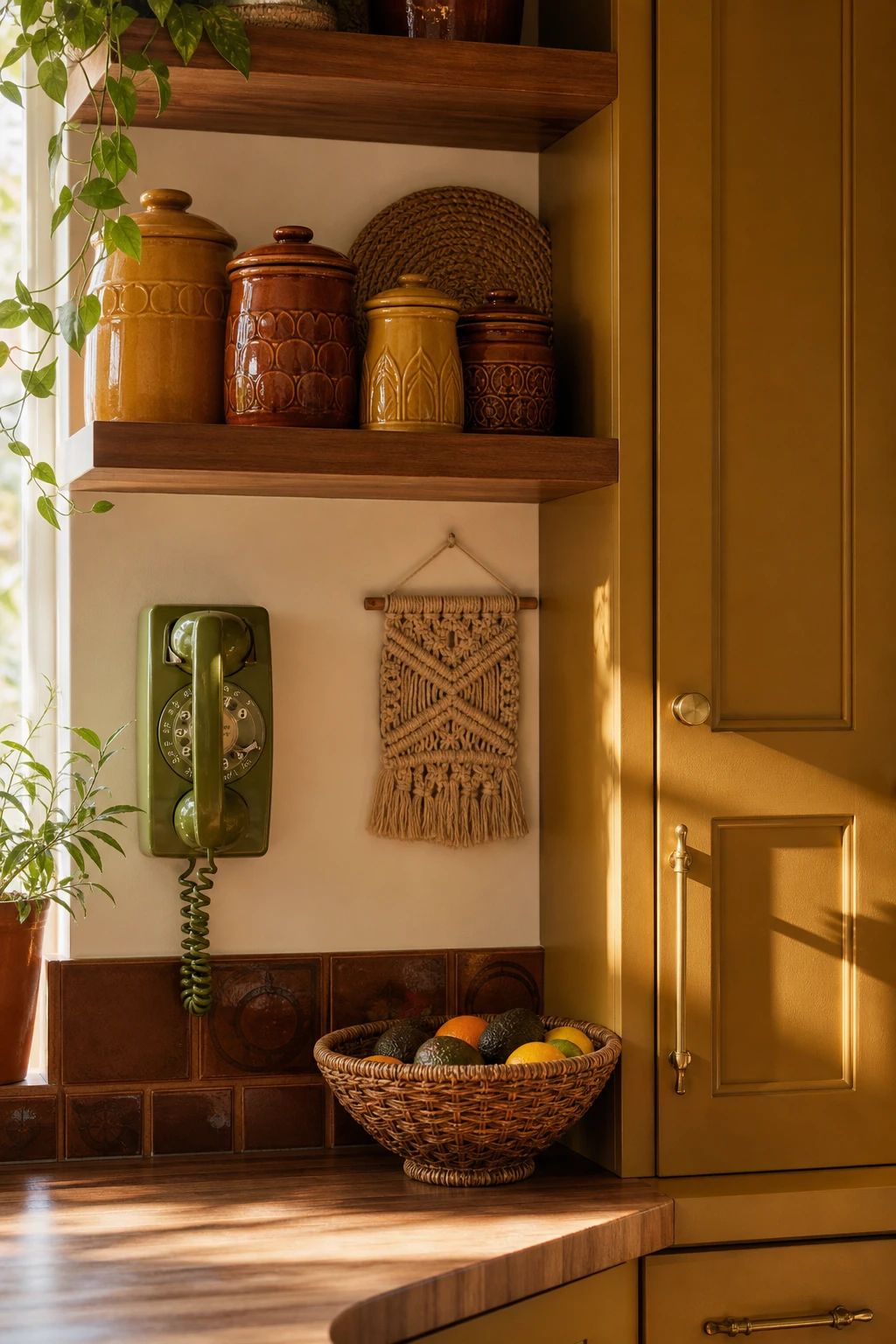 Small 70s kitchen remodel with era accessories as hero, featuring macrame wall hanging, ceramic canisters, woven placemats and a rotary dial wall phone in warm mustard tones