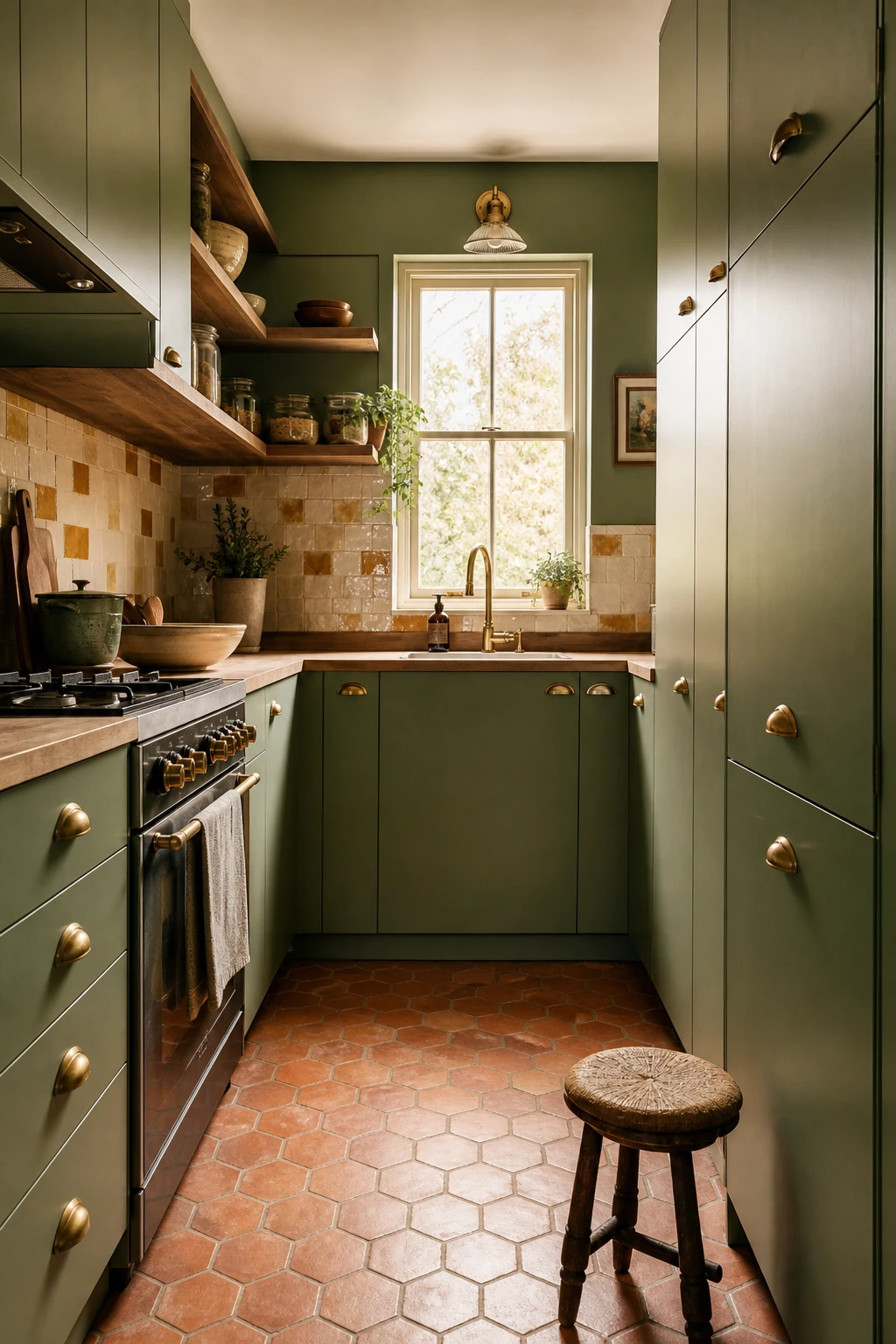 Small 70s kitchen remodel with green cabinets painted Farrow and Ball Cooking Apple Green, terracotta floor tiles, open shelving and brass hardware in warm morning light