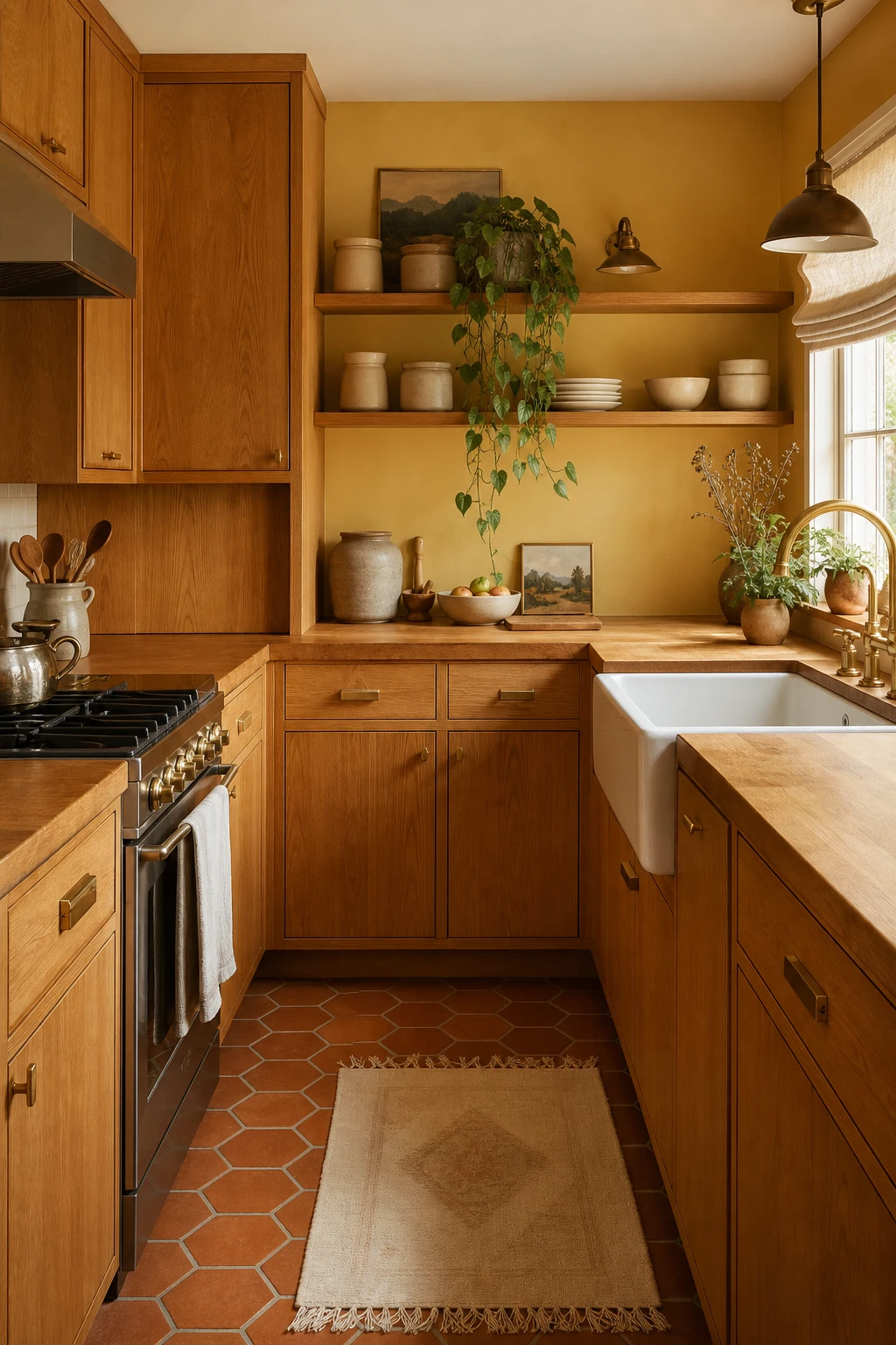 Small 70s kitchen remodel with honey oak cabinets as hero, warm golden wood countertops, India Yellow walls, terracotta floor tiles, and brass fixtures in soft morning light