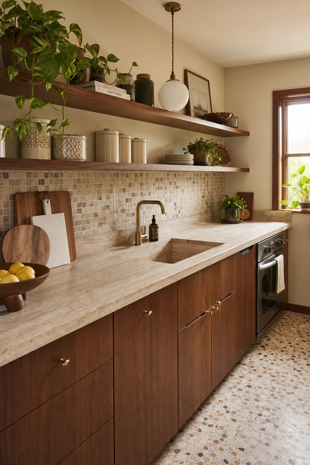 Small 70s kitchen remodel with laminate countertops as the hero, warm neutral walls in Farrow & Ball Matchstick paint, retro timber cabinetry and vintage pendant lighting