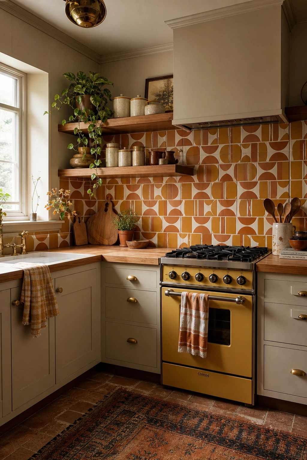 Small 70s kitchen remodel with retro geometric tiles as the hero feature on a single backsplash wall painted in Farrow and Ball String warm neutral tones